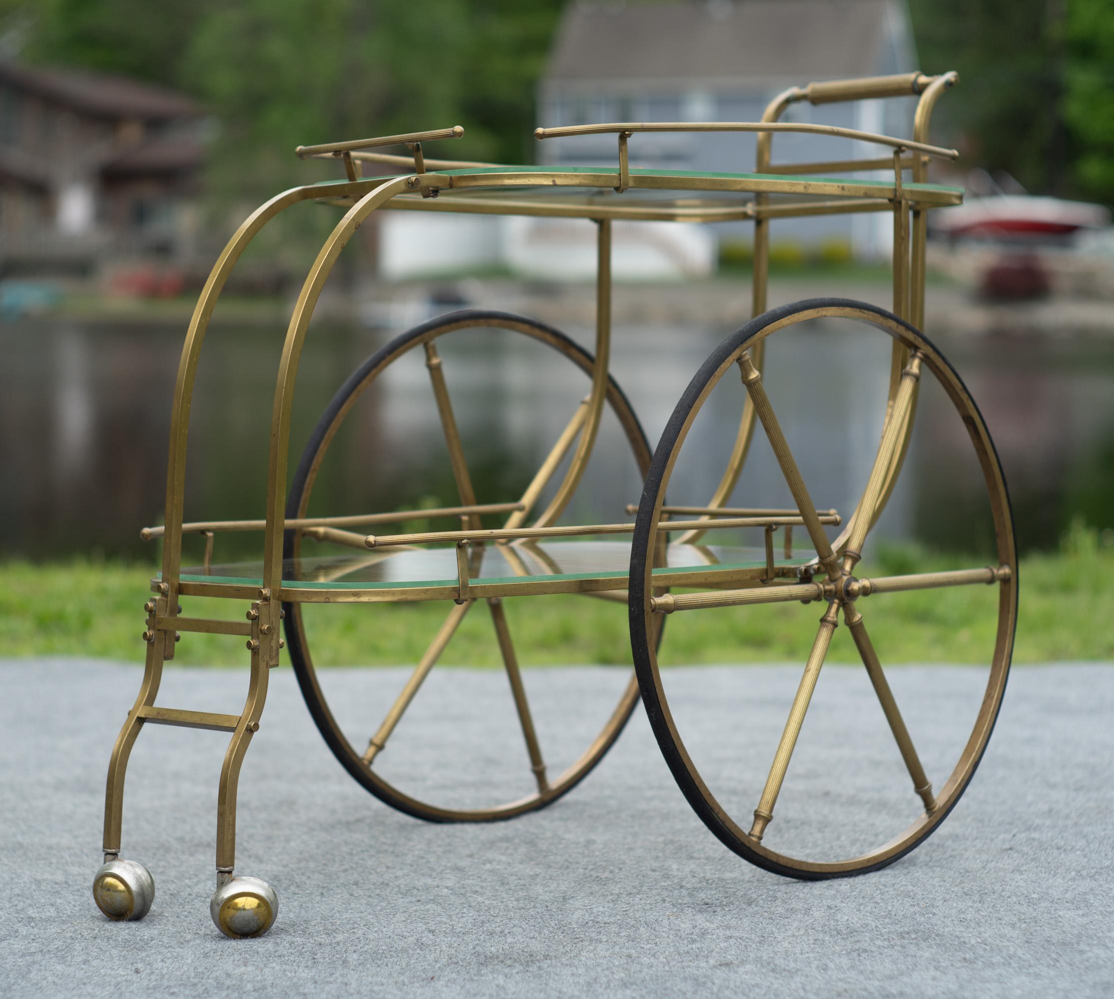 Italian Hollywood Regency Style Brass and Glass Two Tier Bar Cart or Trolley For Sale 1