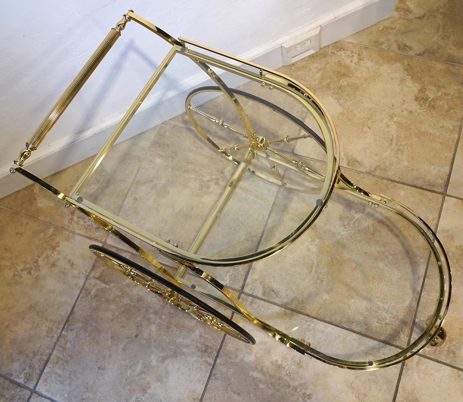Italian Hollywood Regency Style Brass and Glass Two Tier Bar Cart or Trolley 2