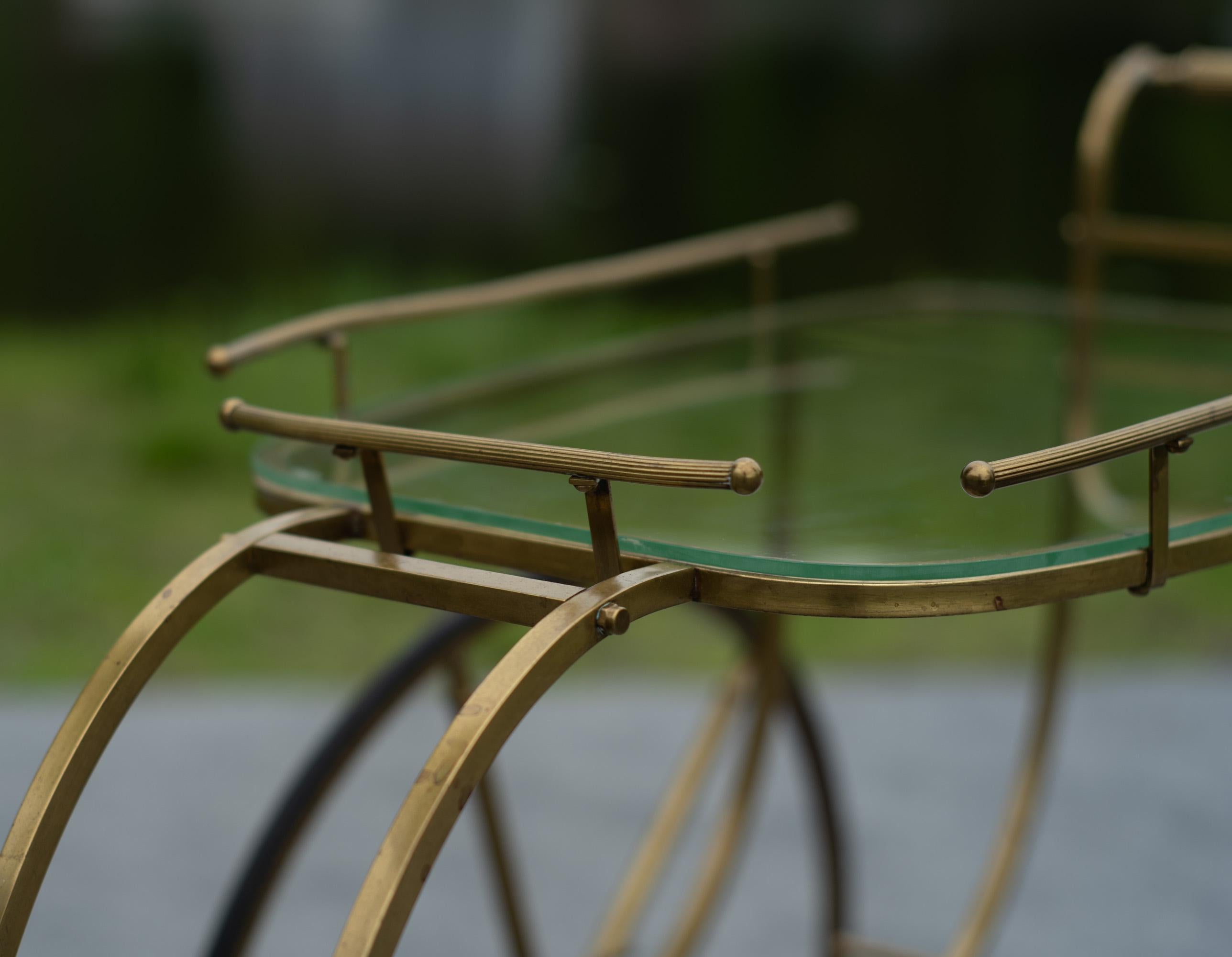 Italian Hollywood Regency Style Brass and Glass Two Tier Bar Cart or Trolley For Sale 3