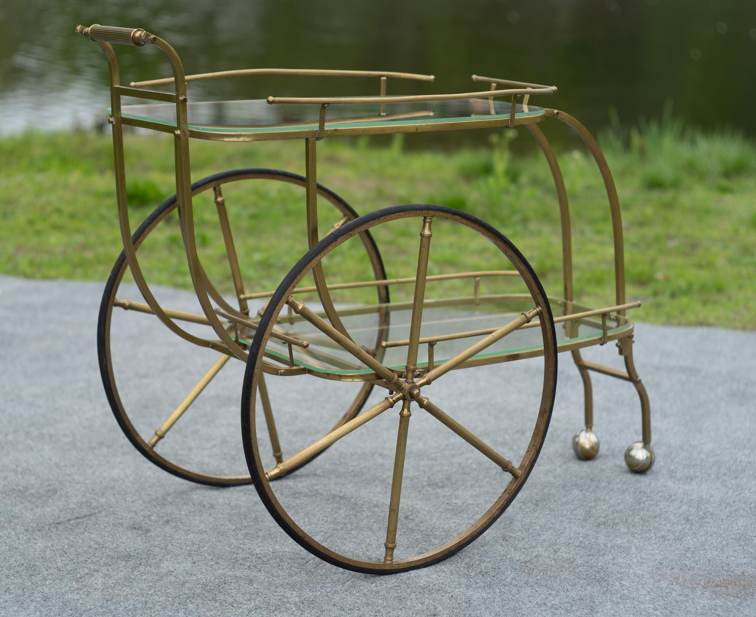 Italian Hollywood Regency Style Brass and Glass Two Tier Bar Cart or Trolley For Sale 5