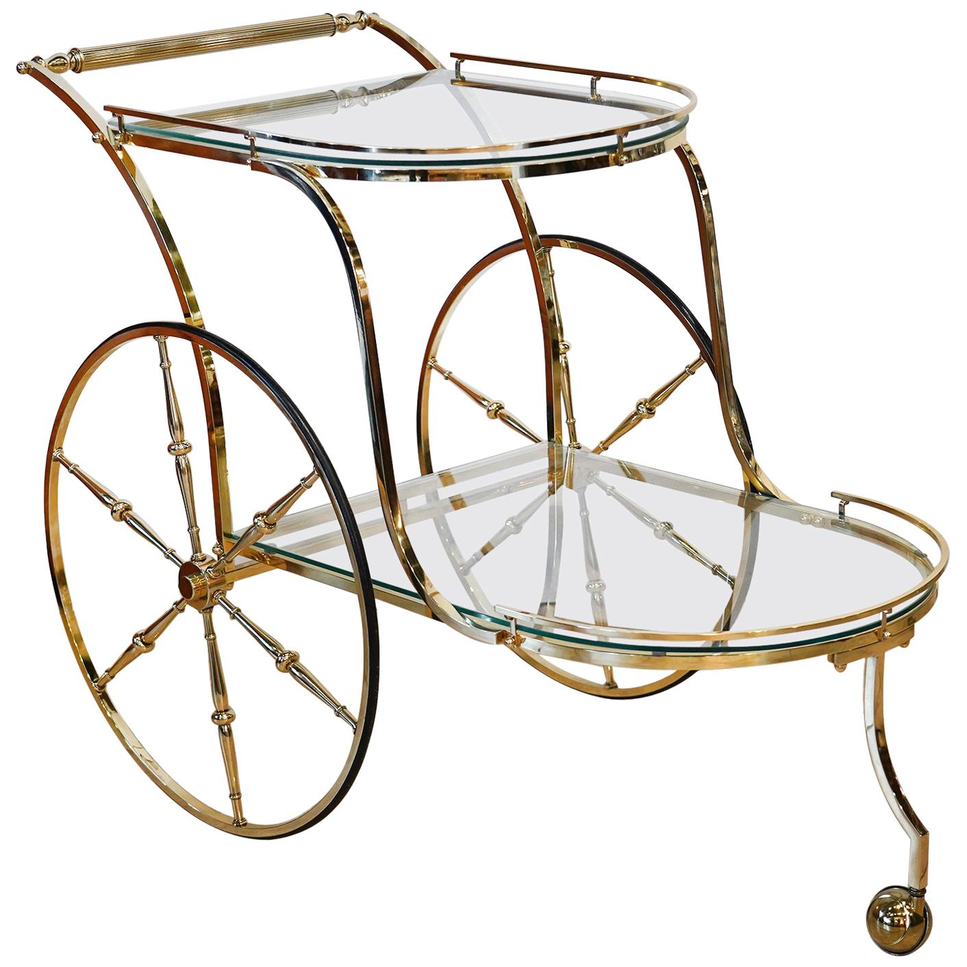 Italian Hollywood Regency Style Brass and Glass Two Tier Bar Cart or Trolley