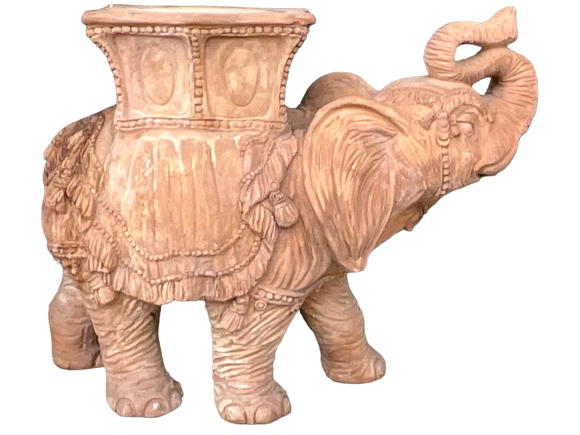 This is an Italian Hollywood Regency style cast terracotta elephant for garden seat. He has some very nice detail and is unmarked. It does have some garden wear.

My shipping is for the Continental US only, and it can take two to five weeks. 