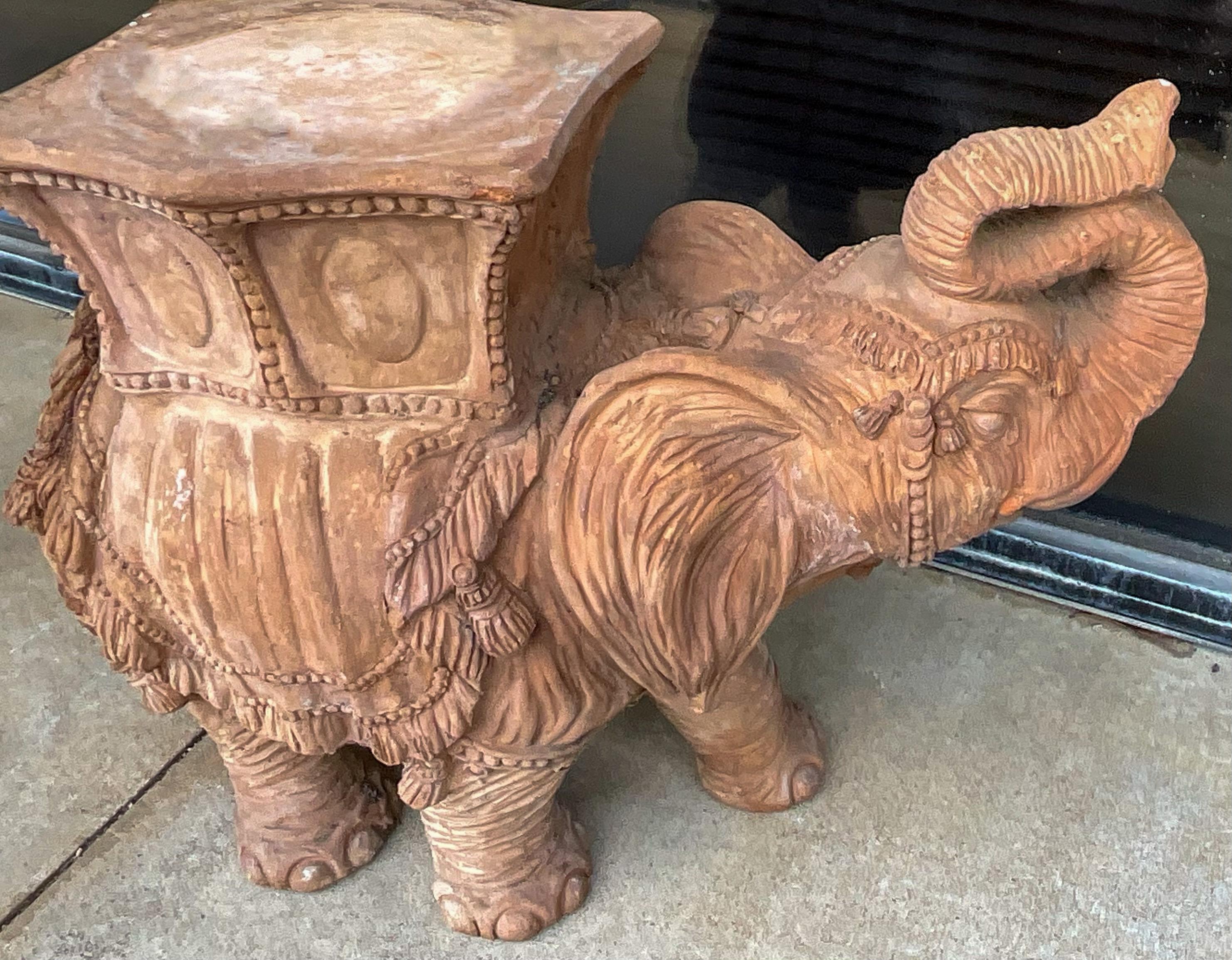 Italian Hollywood Regency Style Cast Terracotta Elephant Garden Seat / Table In Good Condition For Sale In Kennesaw, GA
