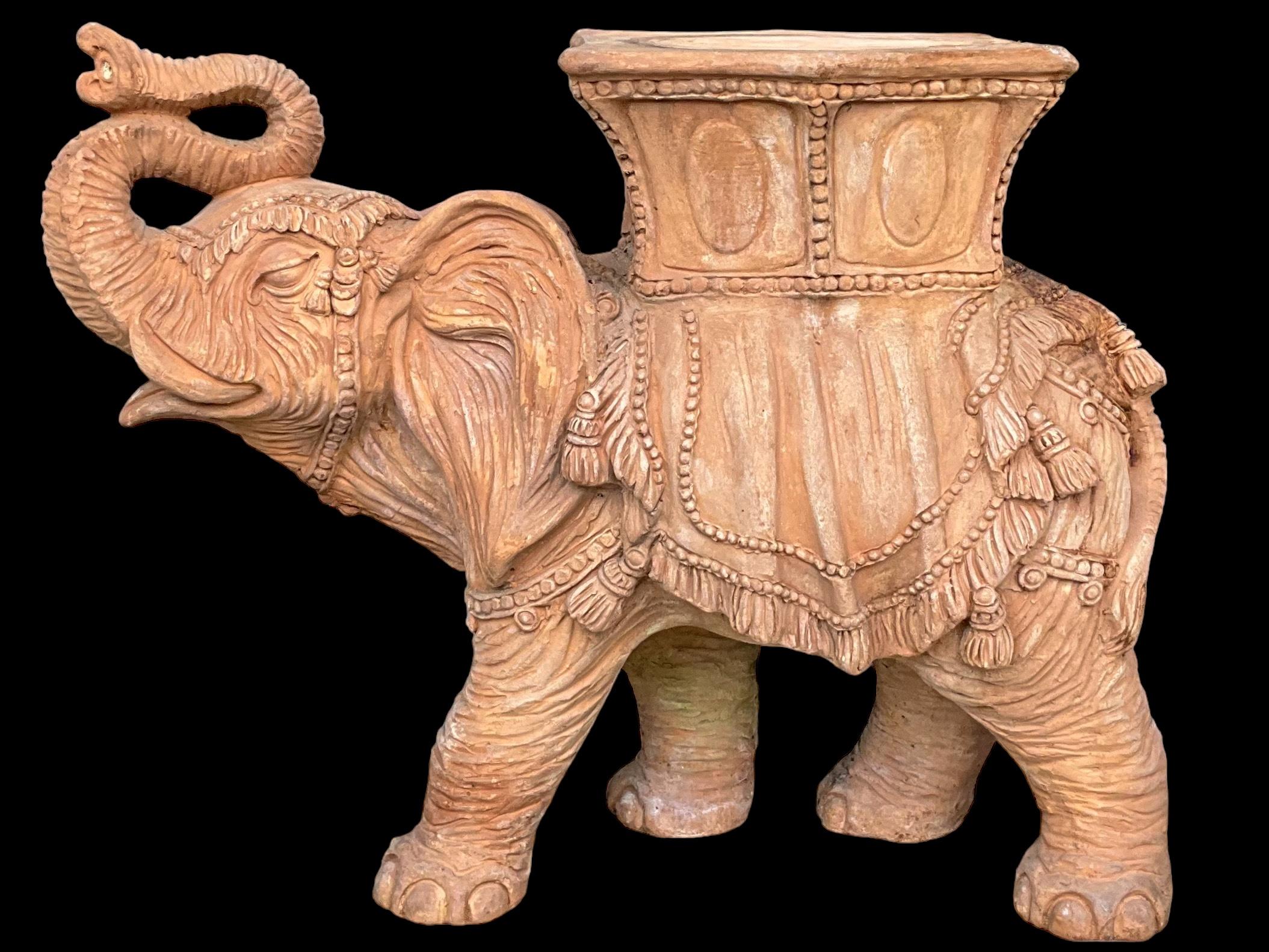 20th Century Italian Hollywood Regency Style Cast Terracotta Elephant Garden Seat / Table For Sale