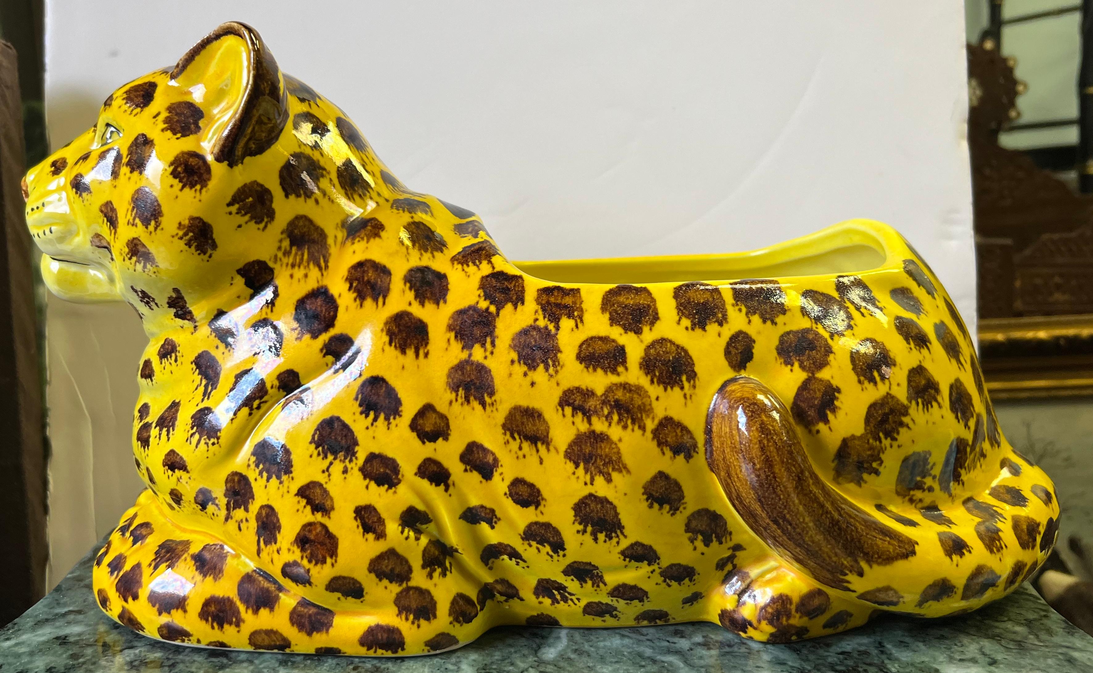 Late 20th Century Italian Hollywood Regency Style Ceramic Leopard Planter / Jardinere / Cachepot