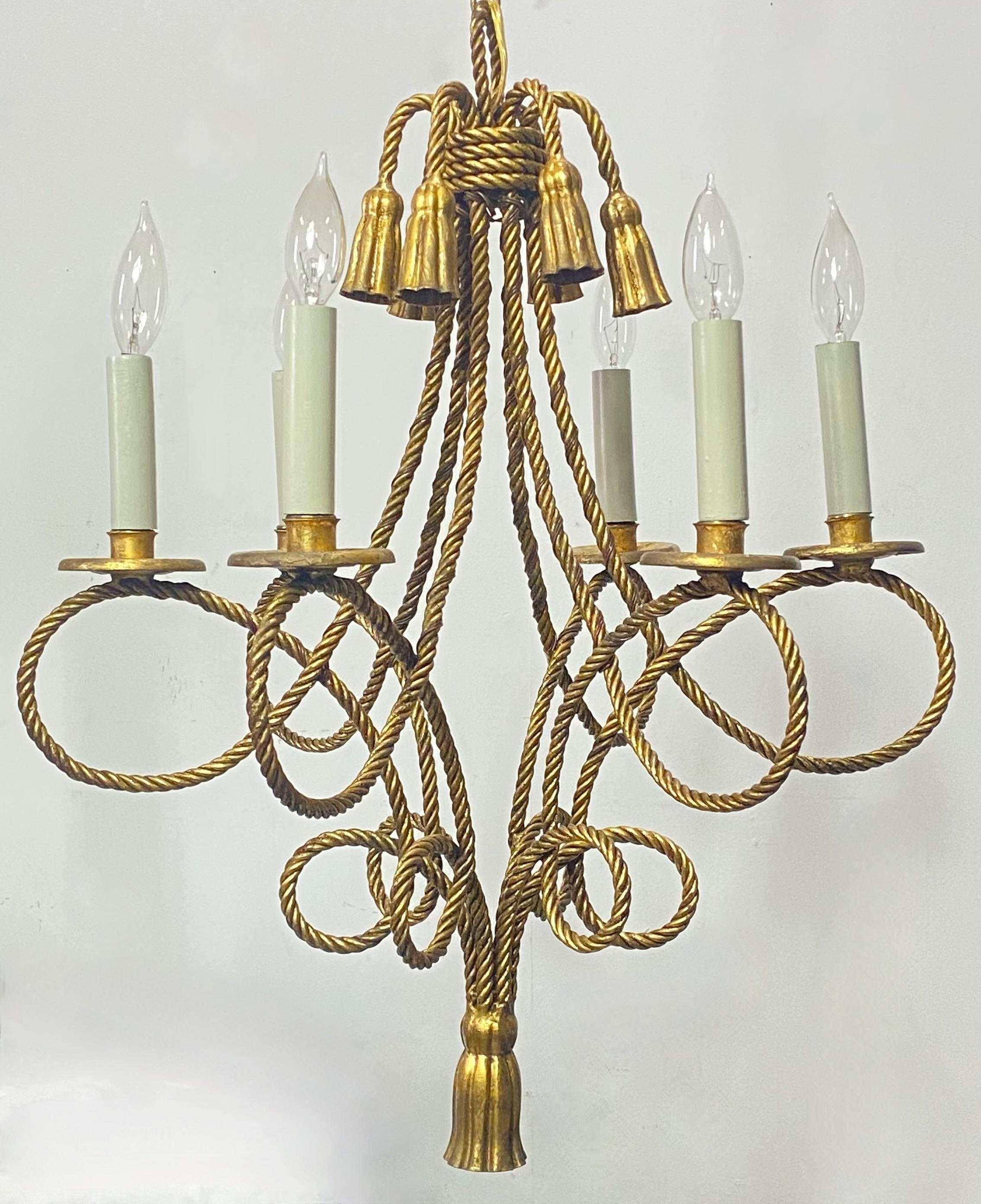 Gilt Italian Hollywood Regency Style Twisted Rope and Tassel Chandelier For Sale
