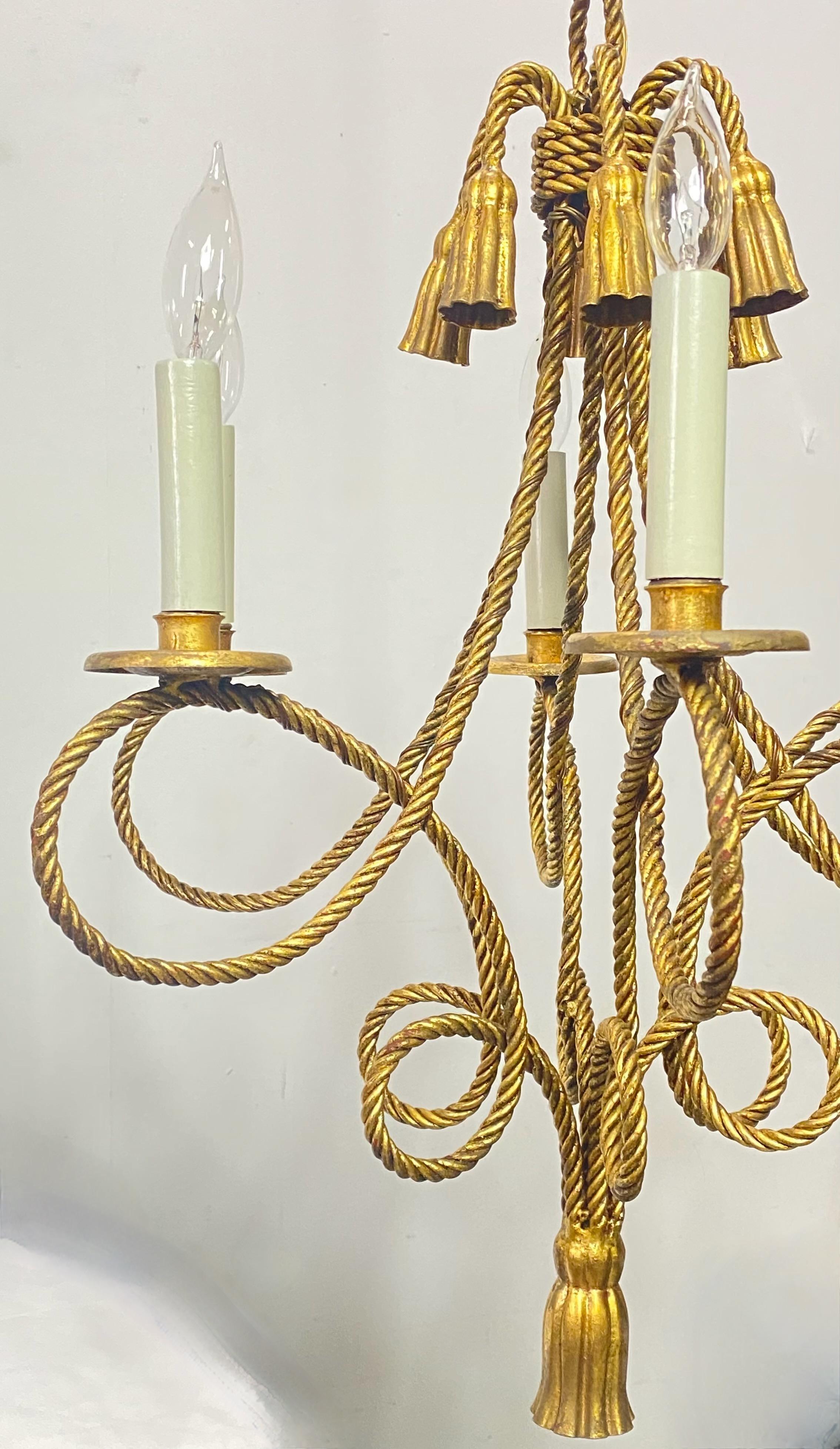 20th Century Italian Hollywood Regency Style Twisted Rope and Tassel Chandelier For Sale