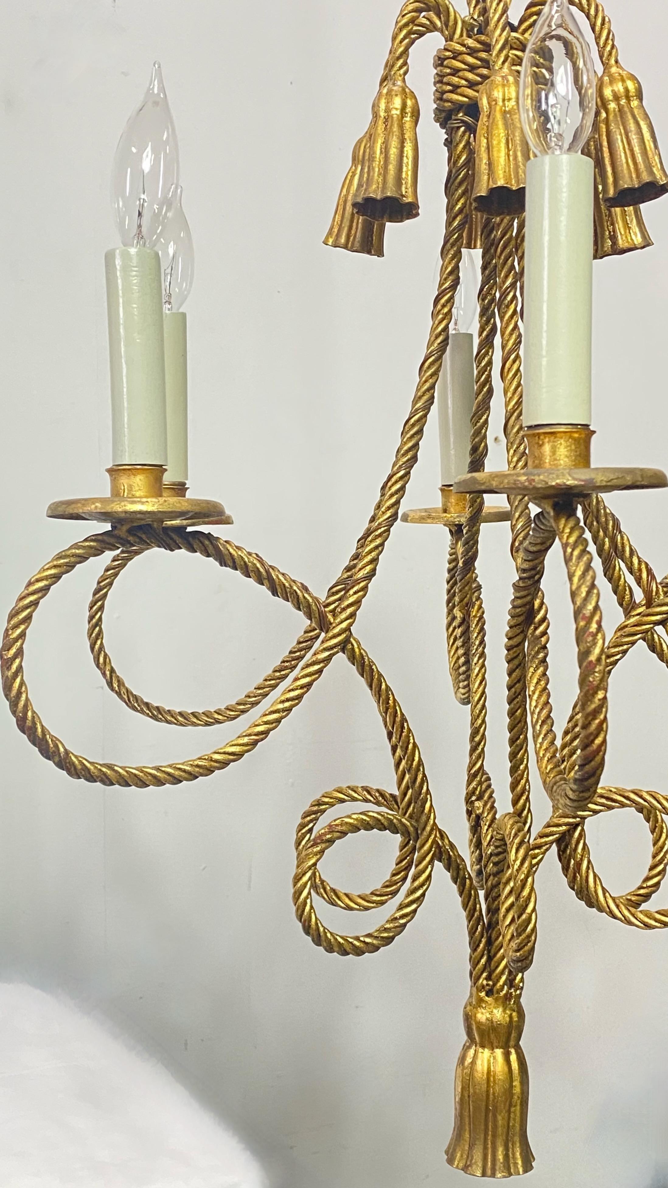 Metal Italian Hollywood Regency Style Twisted Rope and Tassel Chandelier For Sale