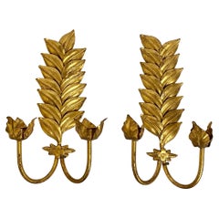 Italian Hollywood Regency Tole Gilt Metal Laurel Leaf Candle Wall Sconces, Pair