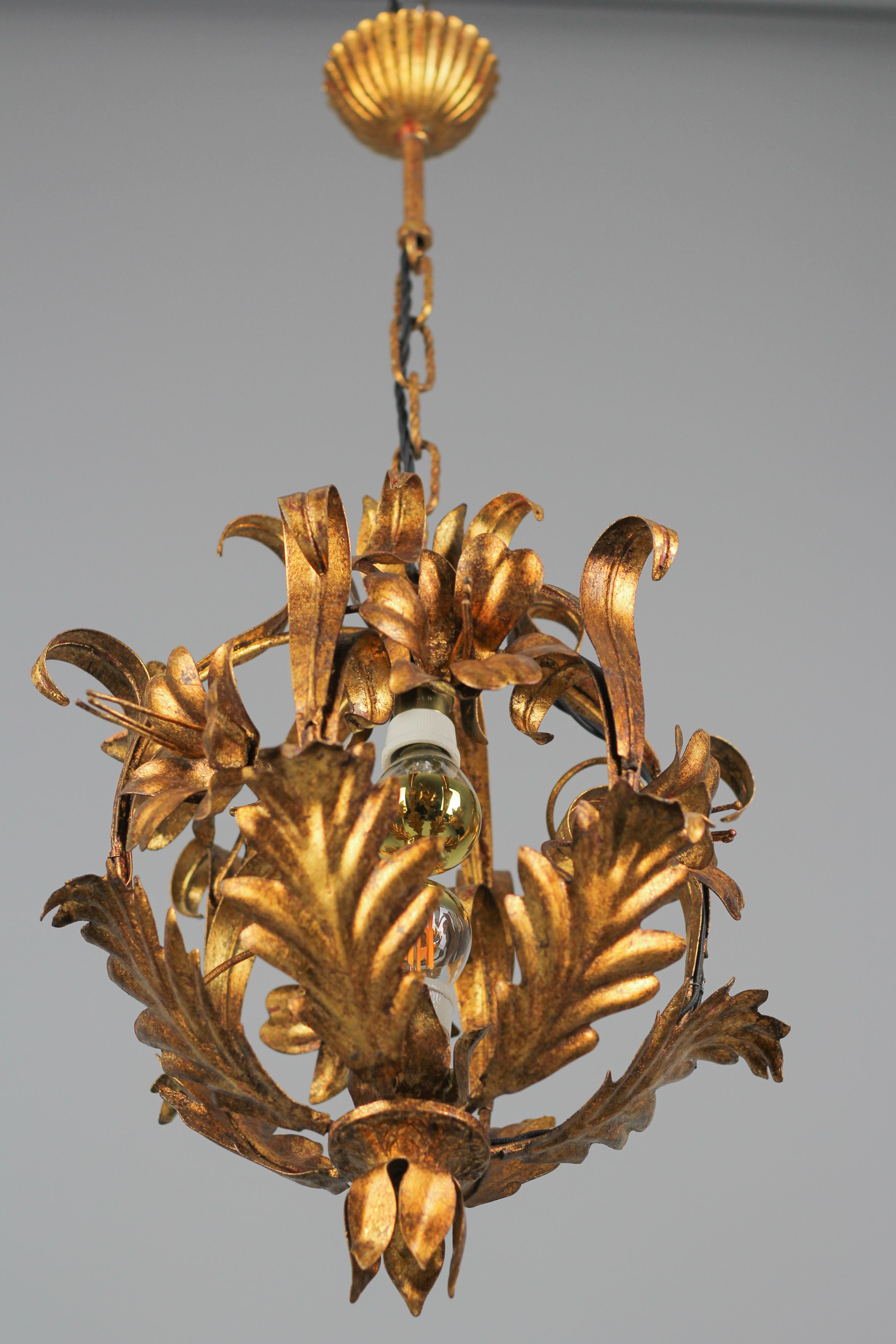 Italian Hollywood Regency Tole Two-Light Pendant Chandelier with Lilies 6