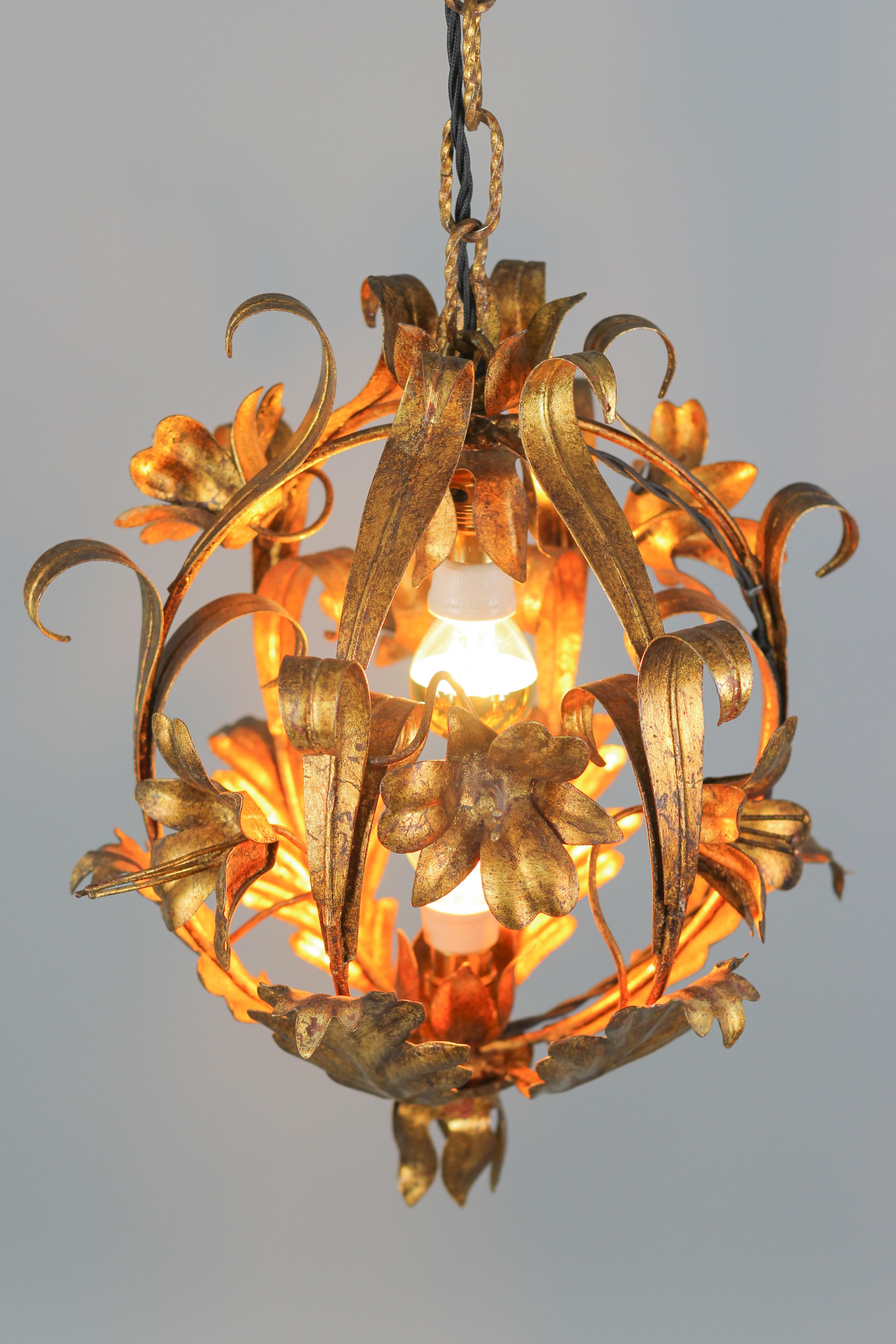 Italian Hollywood Regency Tole Two-Light Pendant Chandelier with Lilies 4