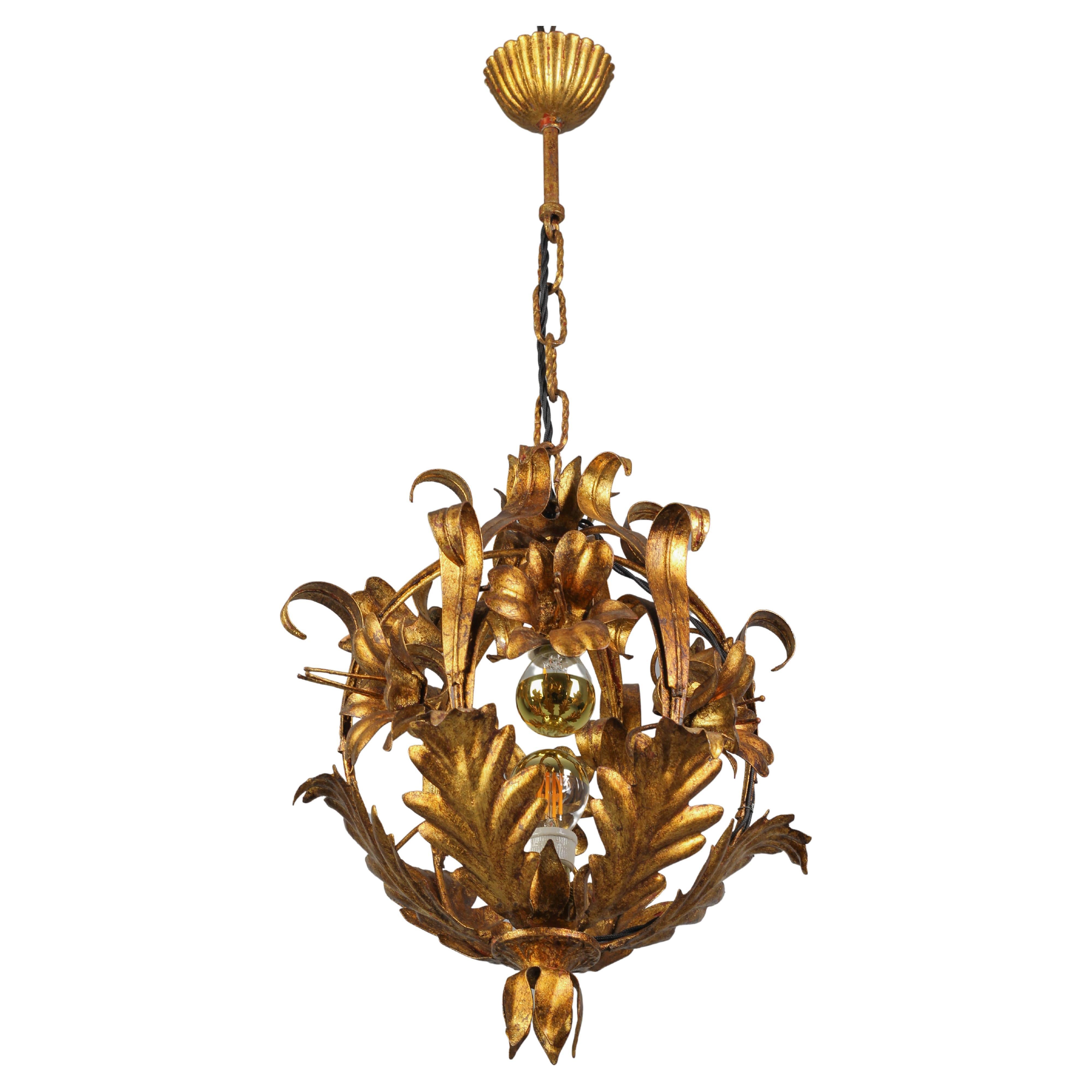 Italian Hollywood Regency Tole Two-Light Pendant Chandelier with Lilies