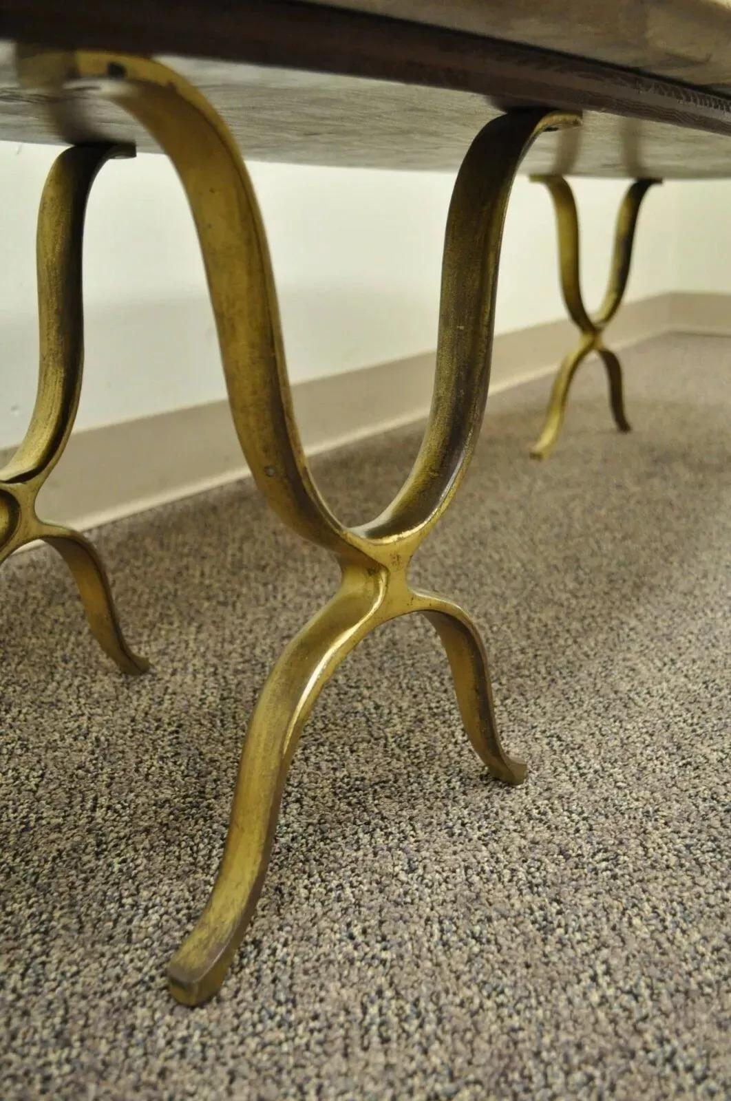 Laiton Italian Hollywood Regency Travertine & Brass Long Oval Surfboard Coffee Table en vente