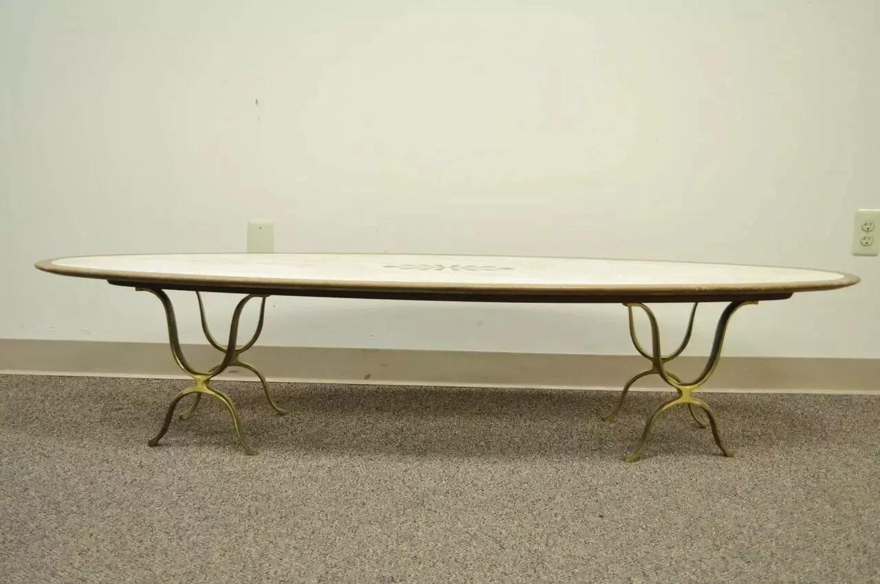Italian Hollywood Regency Travertine & Brass Long Oval Surfboard Coffee Table en vente 2