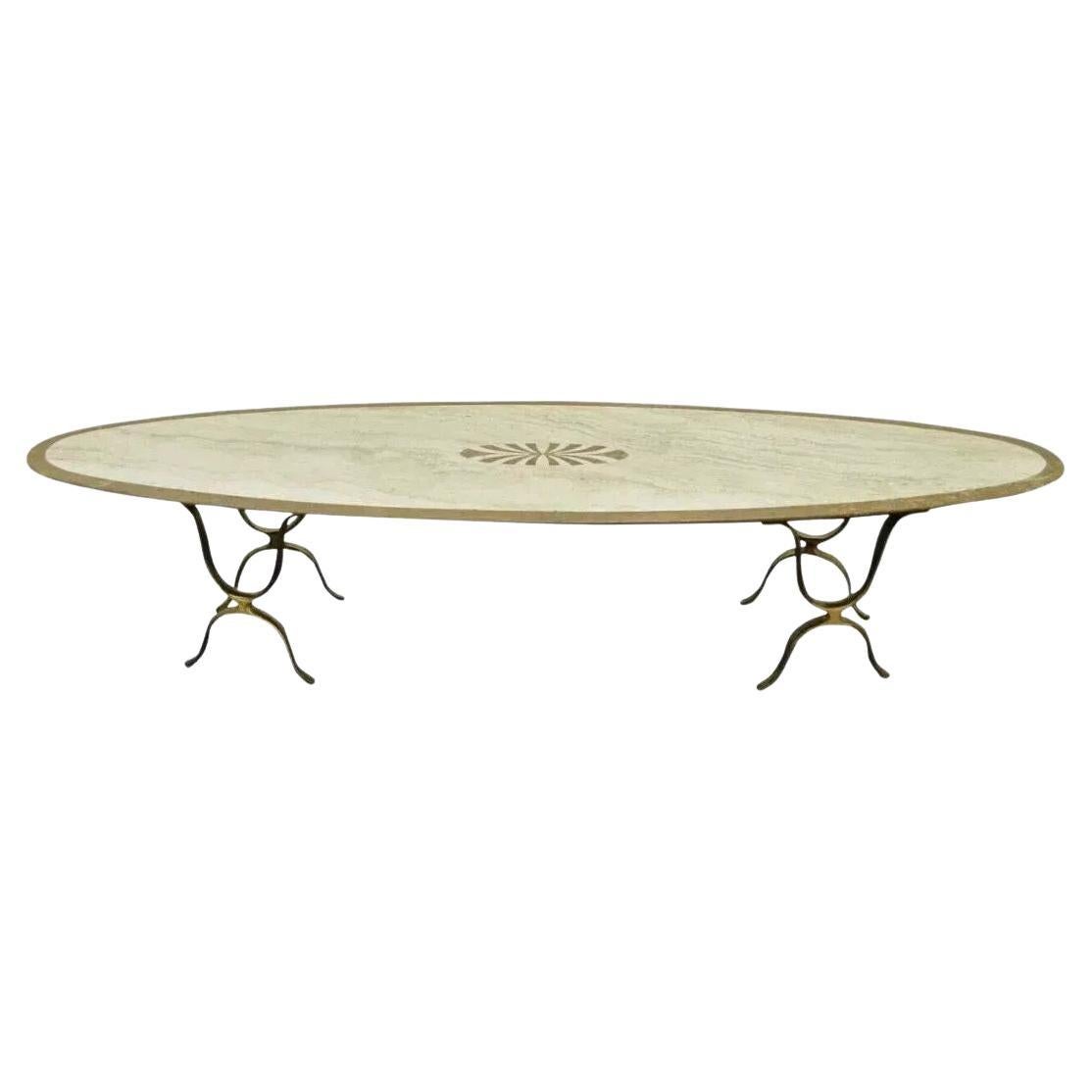 Italian Hollywood Regency Travertine & Brass Long Oval Surfboard Coffee Table