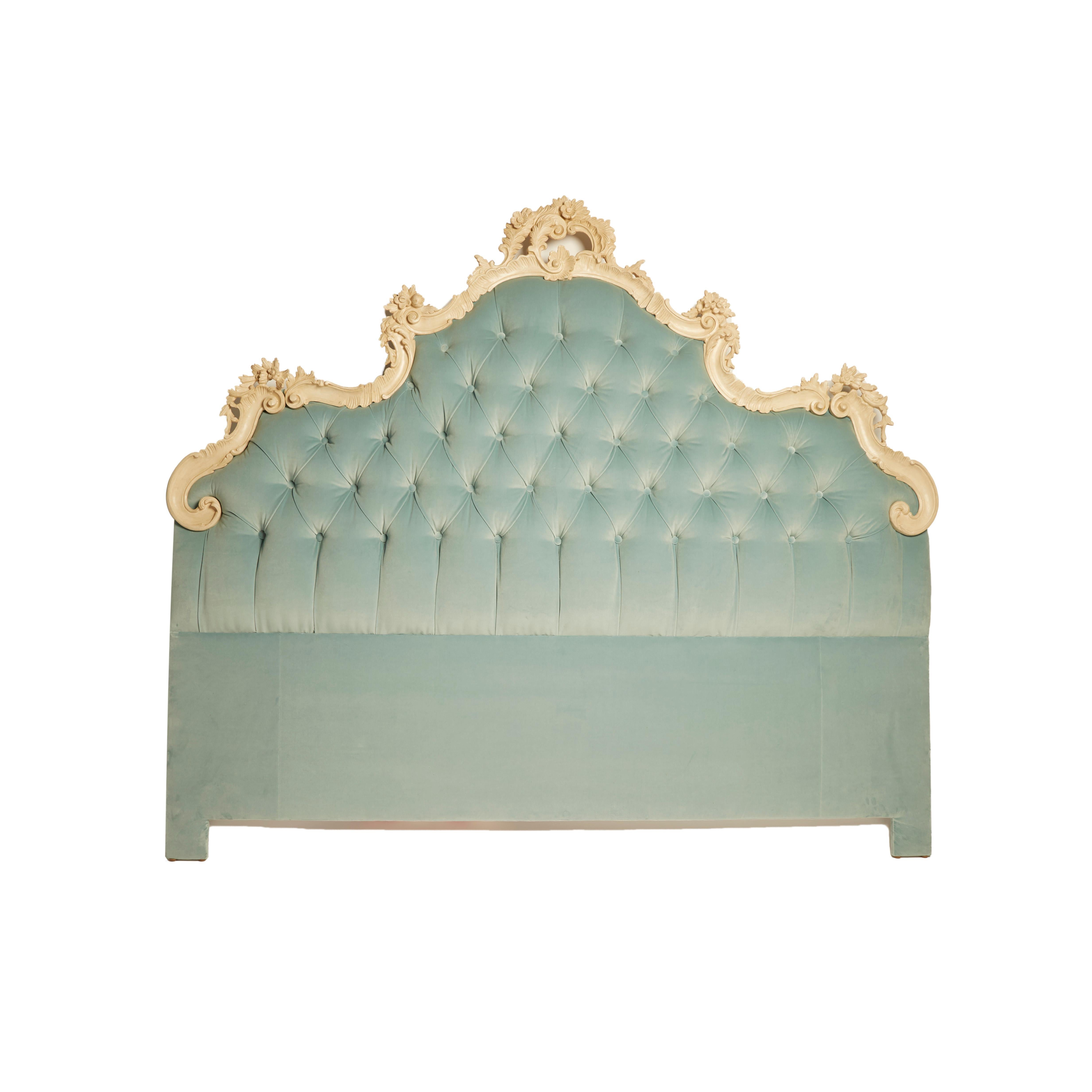 Midcentury Italian Hollywood Regency-style carved wood King-size Headboard. Newly re-upholstered in aqua velvet.