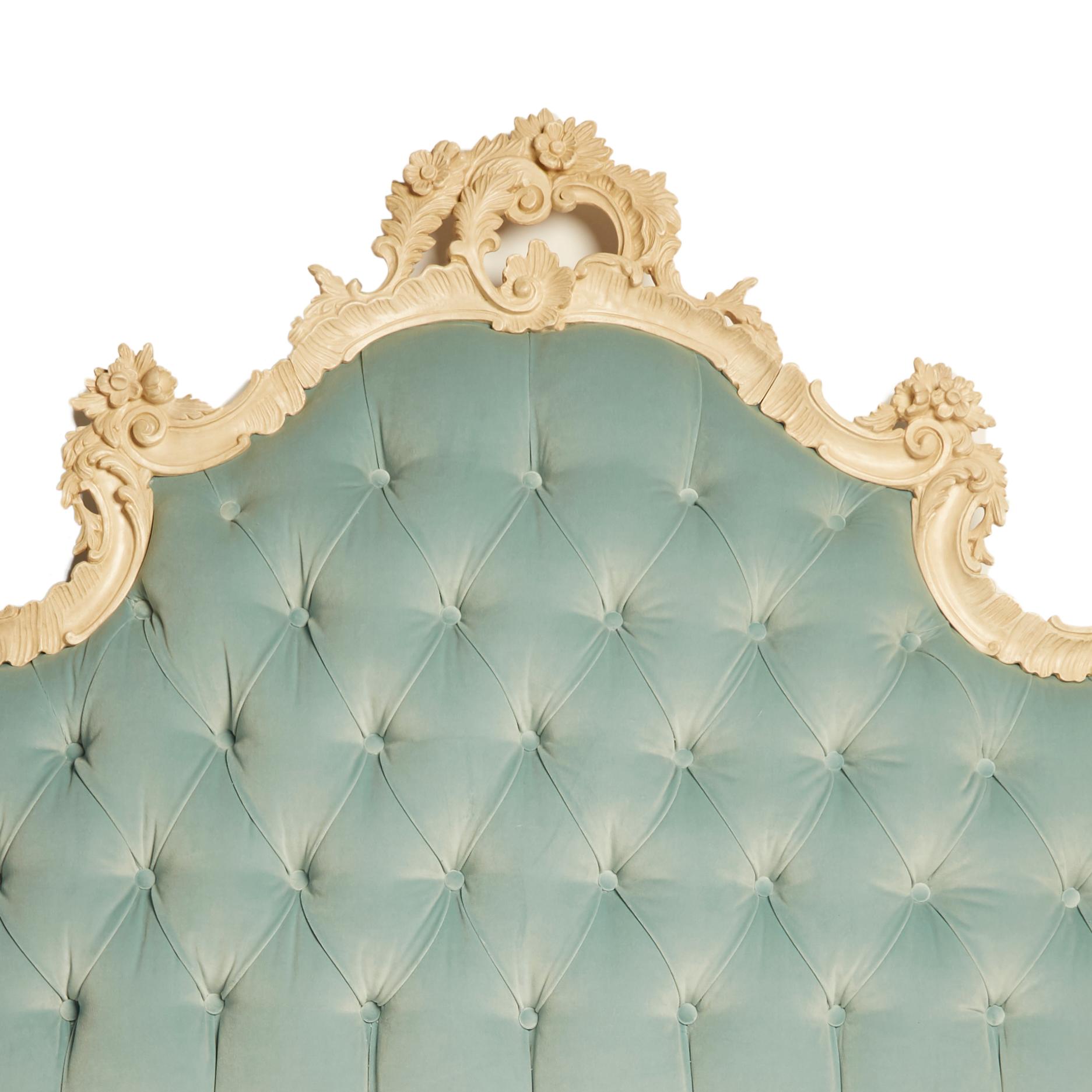 Carved Italian Hollywood Regency Upholstered Headboard For Sale