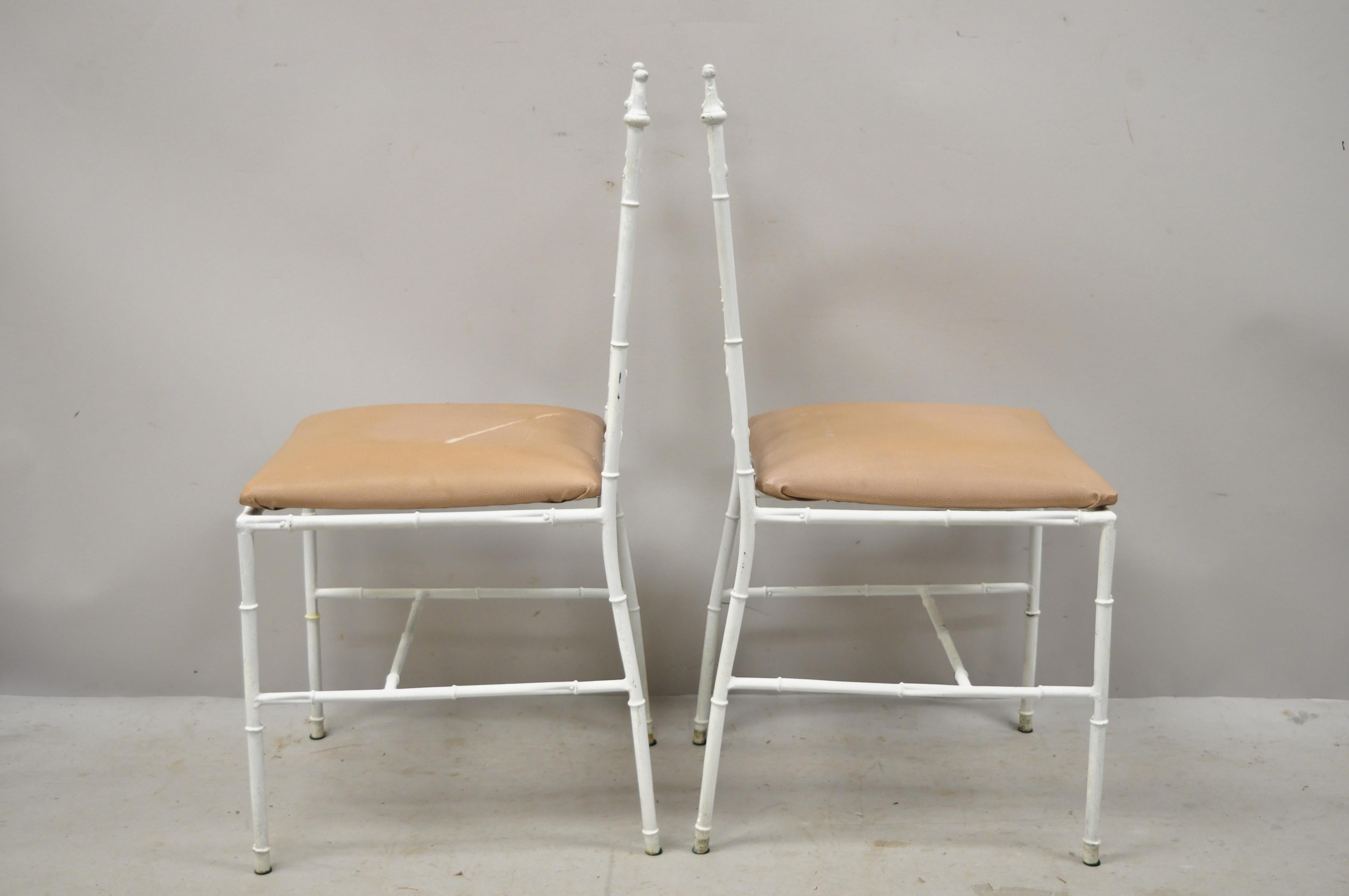 Pair of Italian Hollywood Regency White Faux Bamboo Metal Accent Side Chairs In Good Condition In Philadelphia, PA