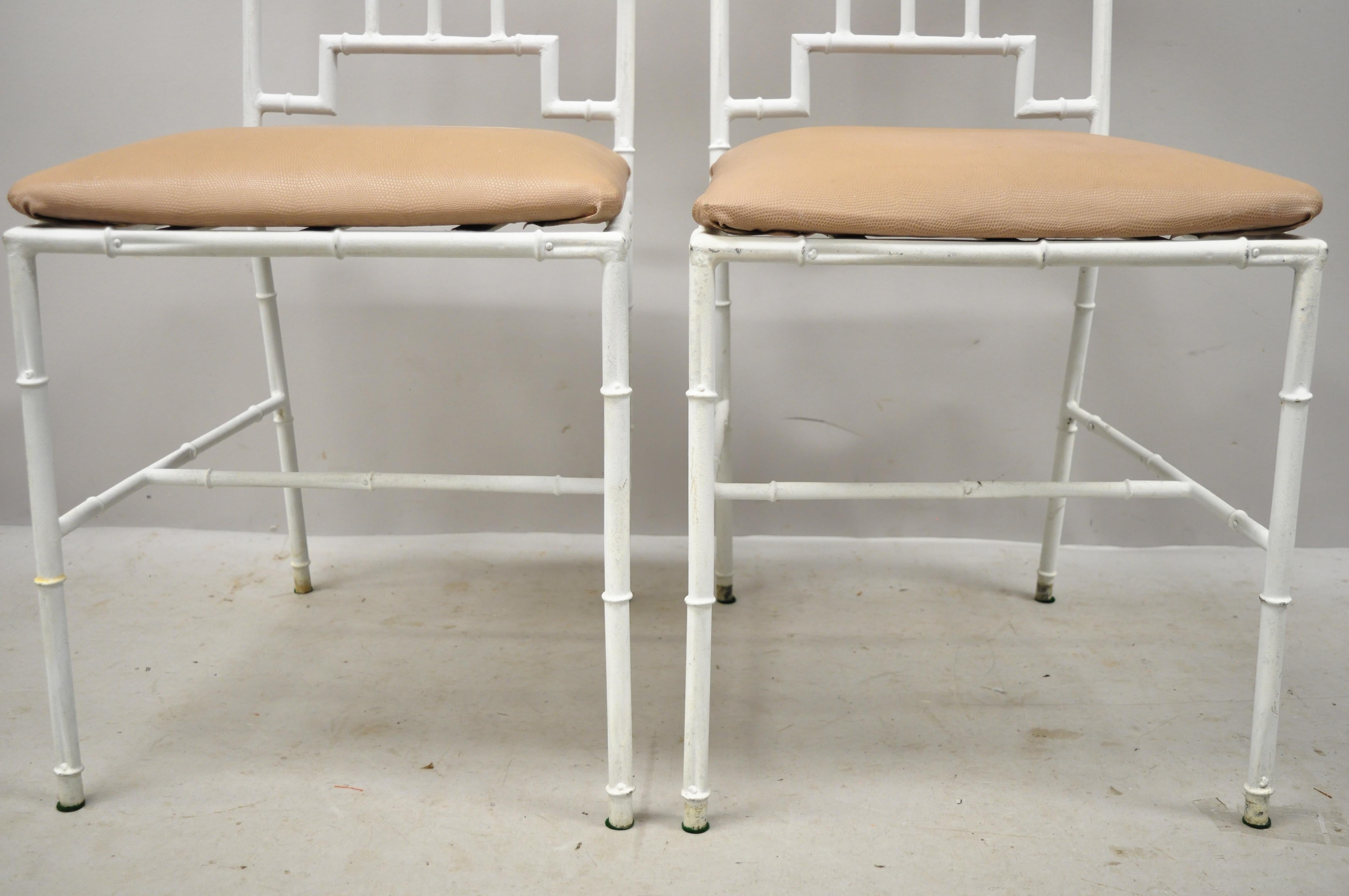 Pair of Italian Hollywood Regency White Faux Bamboo Metal Accent Side Chairs 1