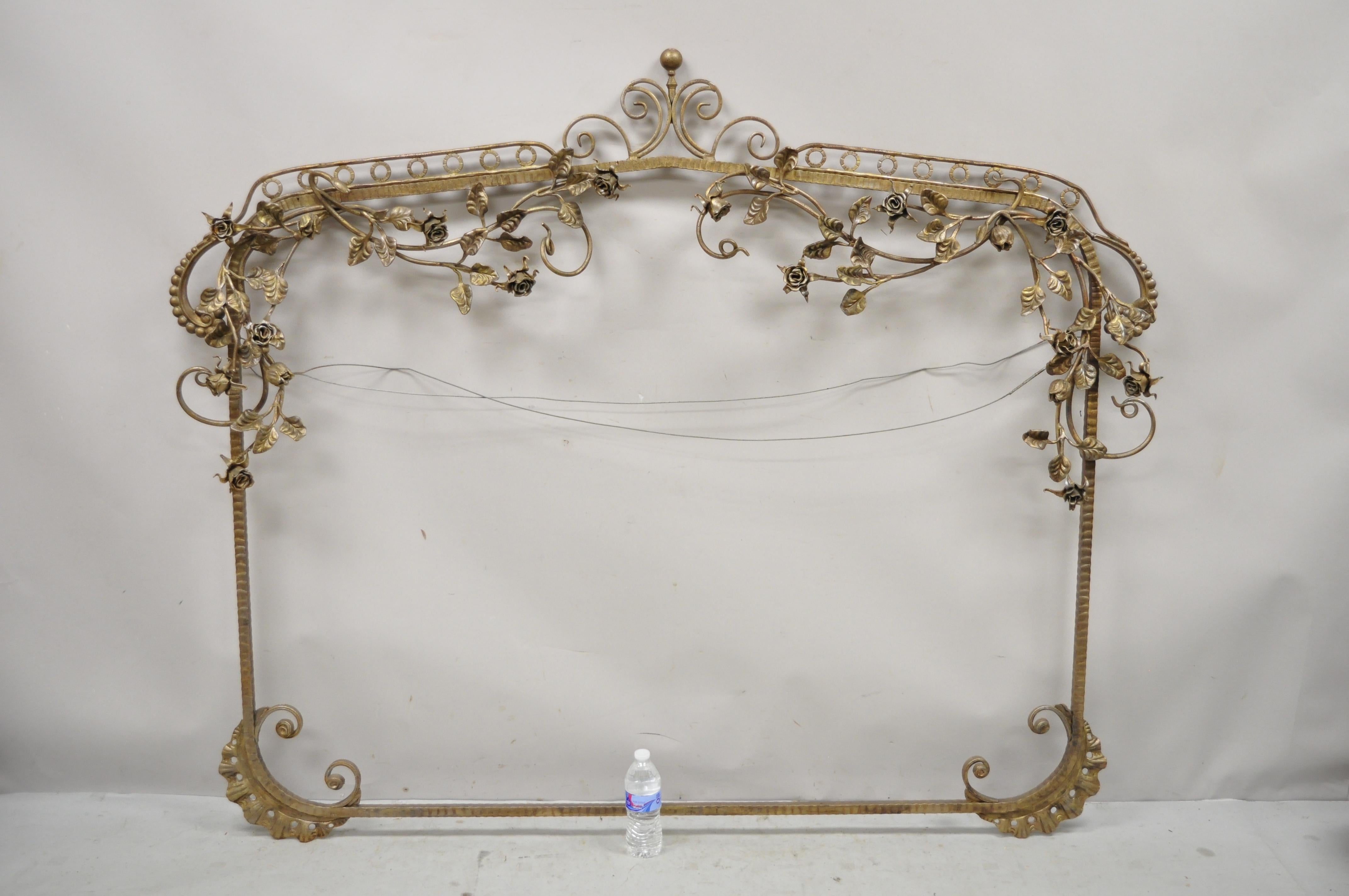 Large Vintage Italian Hollywood Regency wrought iron Shabby flower chic mirror frame. Item features unique floral decorated frame, large impressive size, wrought iron construction, very nice vintage item, quality craftsmanship, great style and form.