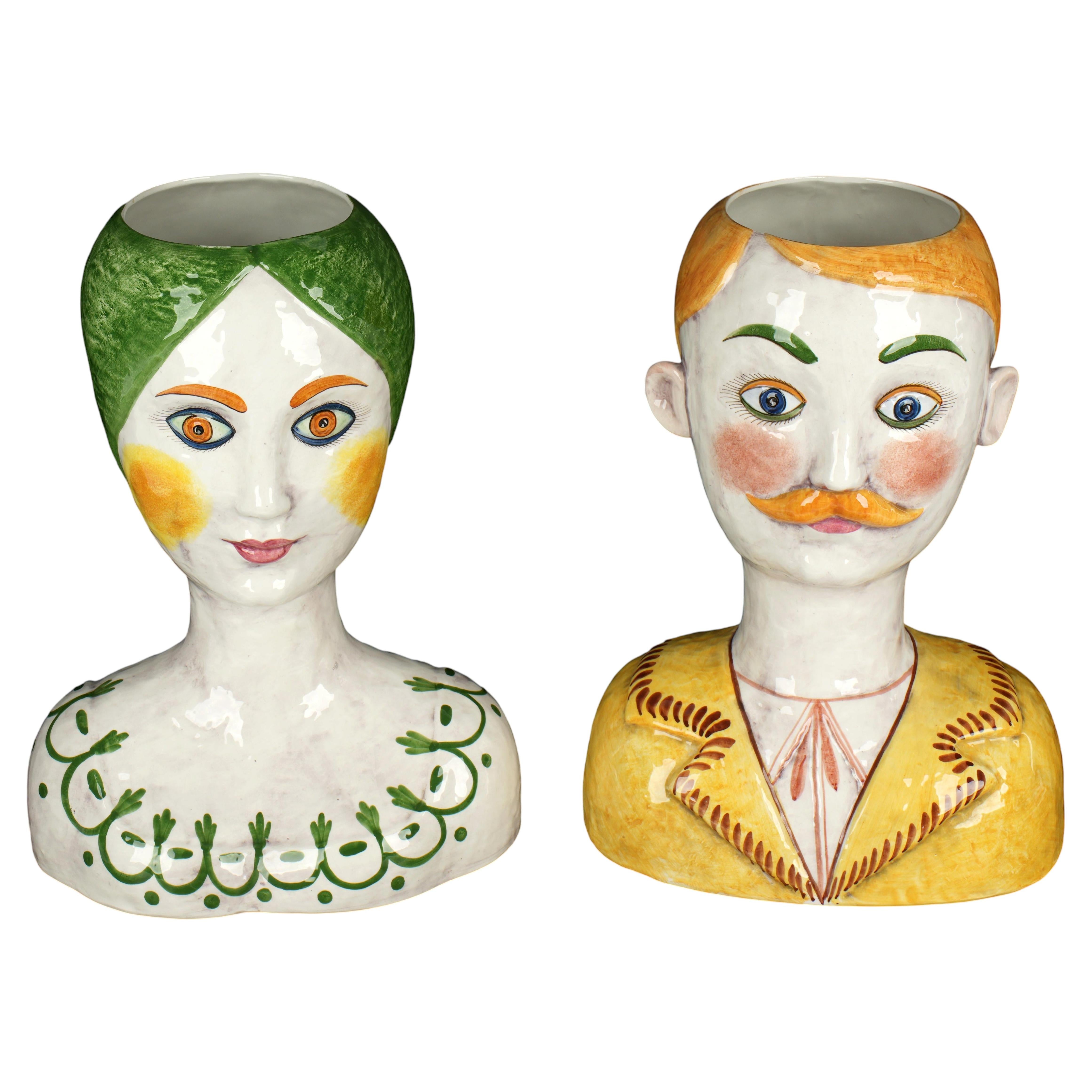 Busti in ceramica di faience Horchow italiani, vintage, metà del secolo scorso, un paio