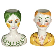 Italian Horchow Faience Ceramic Busts Vintage Mid Century, A Pair
