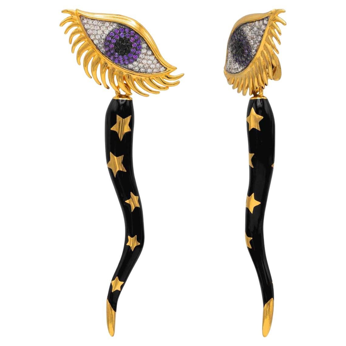 Naimah Italian Horn, Cornicello Evil Eye Earrings, Black Enamel For Sale