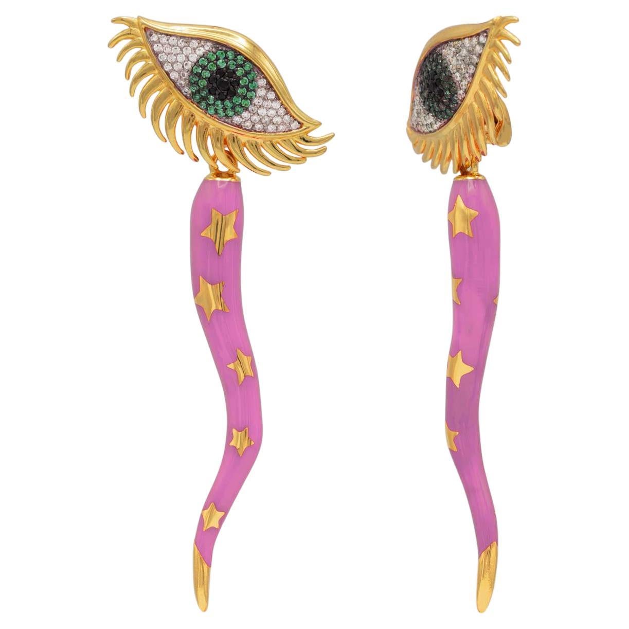 Naimah Italian Horn, Cornicello Evil Eye Earrings, Pink Enamel