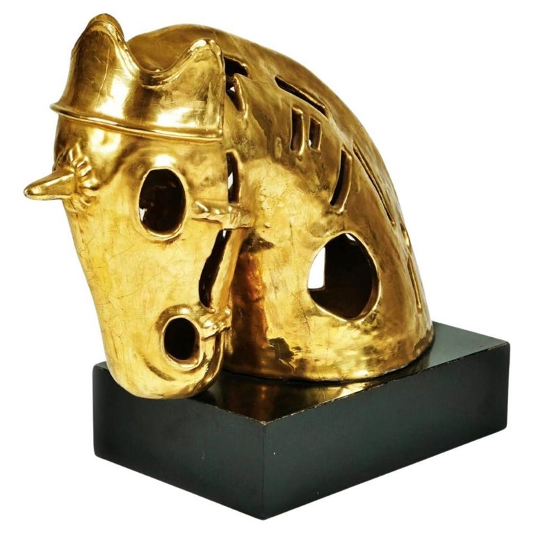 Italian Horse Head Sculpture in Golden Ceramic Early 20th Century For