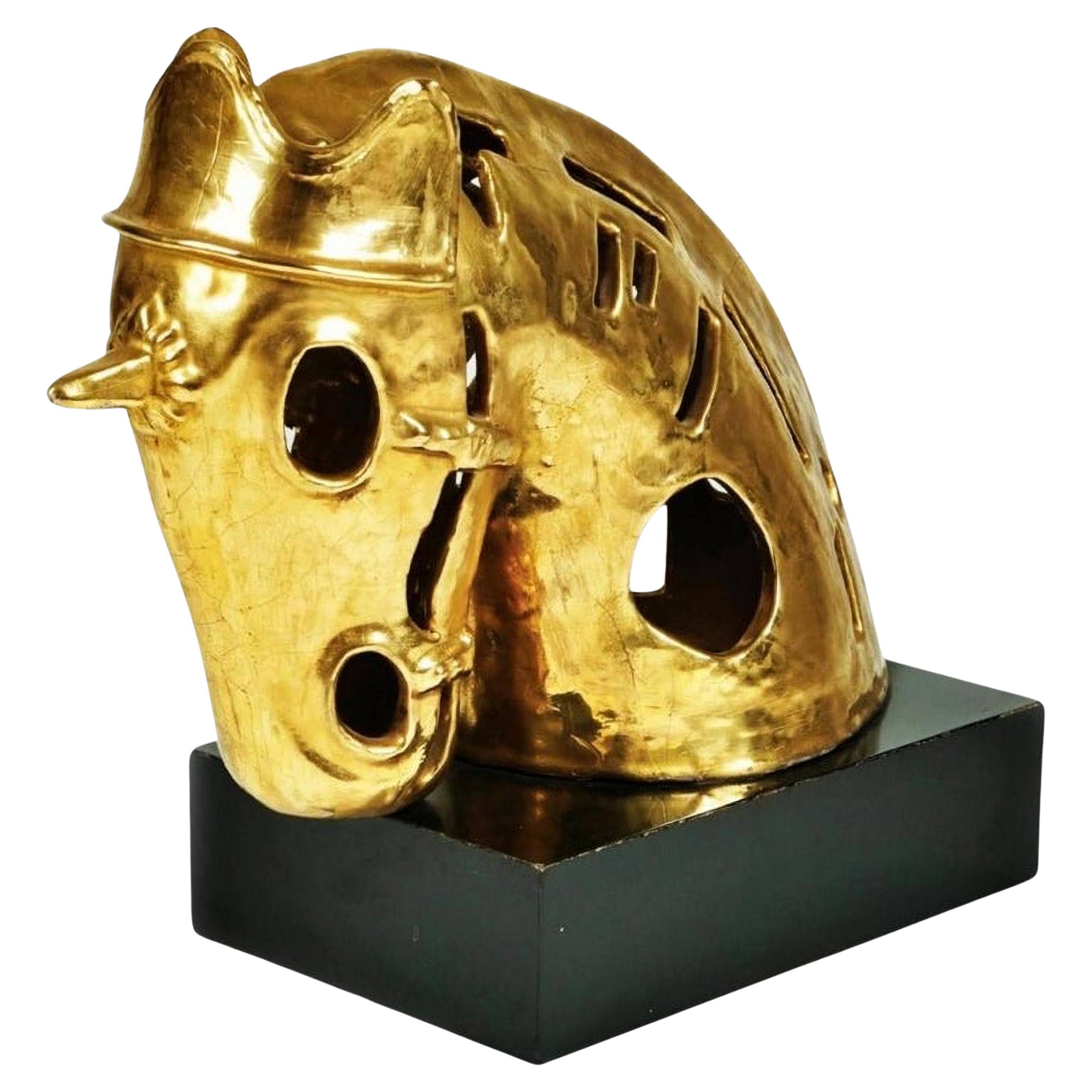 Italian Horse Head Sculpture in Golden Ceramic Early 20th Century For Sale