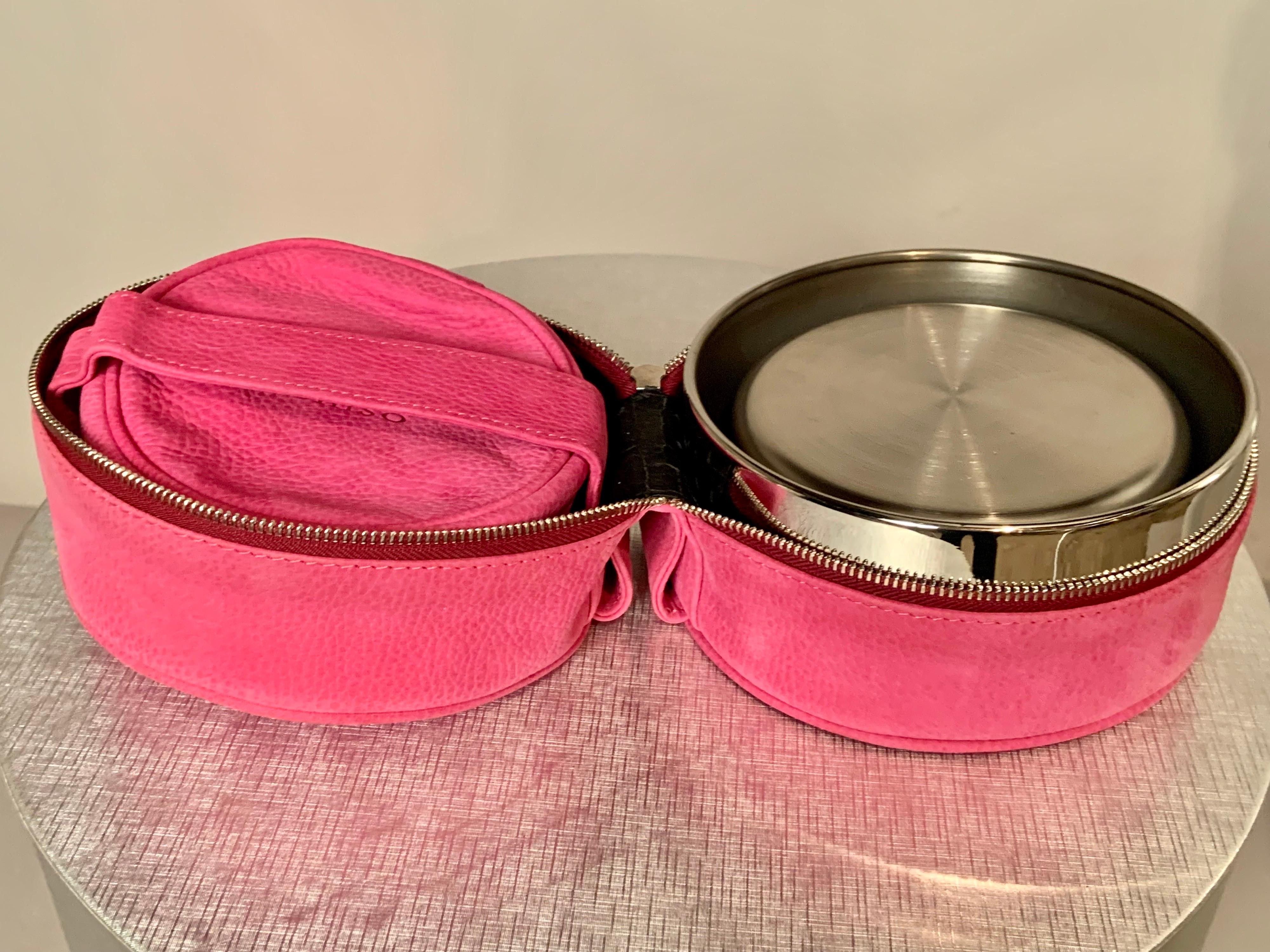 Women's or Men's Italian Barbie Pink Leather Traveling Pet Bowl and Accessories Never Used For Sale