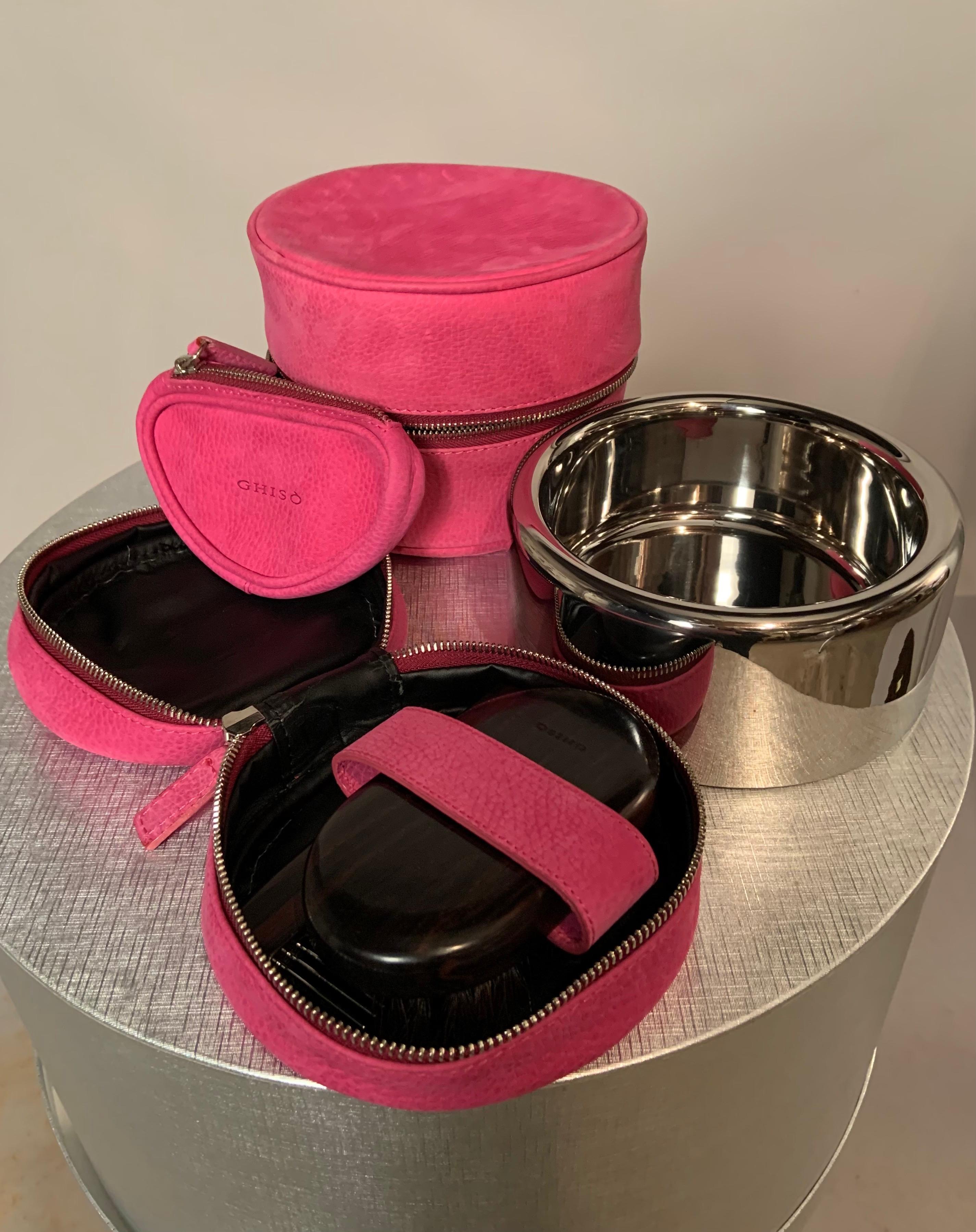 Italian Barbie Pink Leather Traveling Pet Bowl and Accessories Never Used For Sale 1