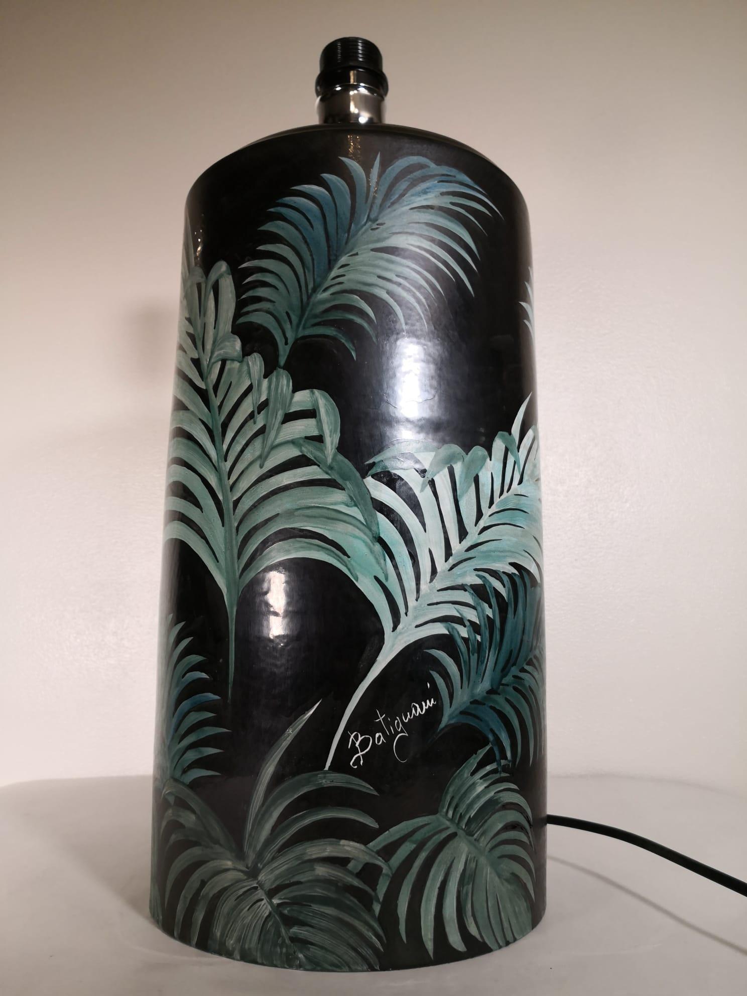 Italian Huge Craftsmanship Ceramic Batignani Lamp with Hand Painted Palm Leaves In New Condition For Sale In Scandicci, Florence