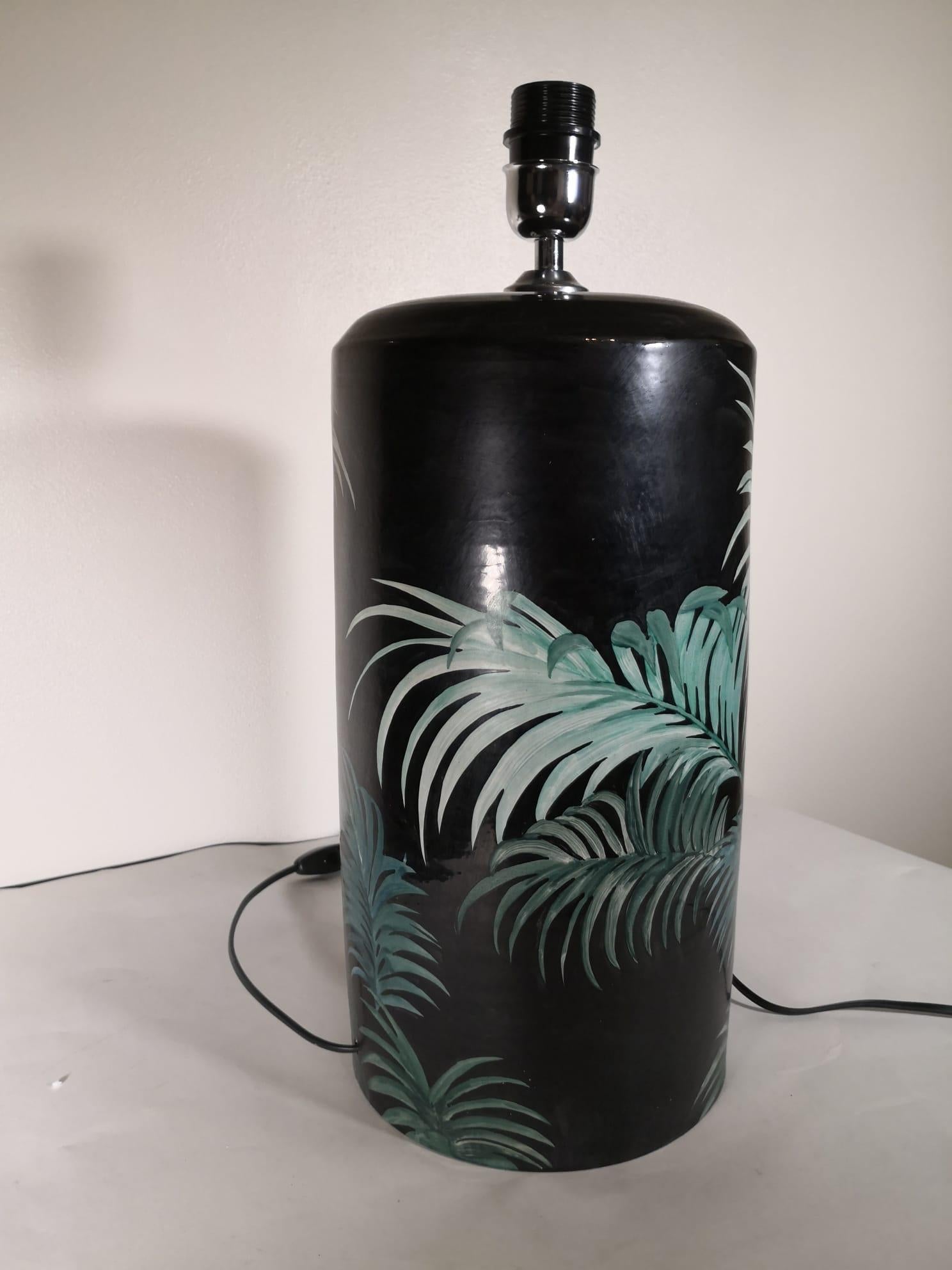 Contemporary Italian Huge Craftsmanship Ceramic Batignani Lamp with Hand Painted Palm Leaves For Sale