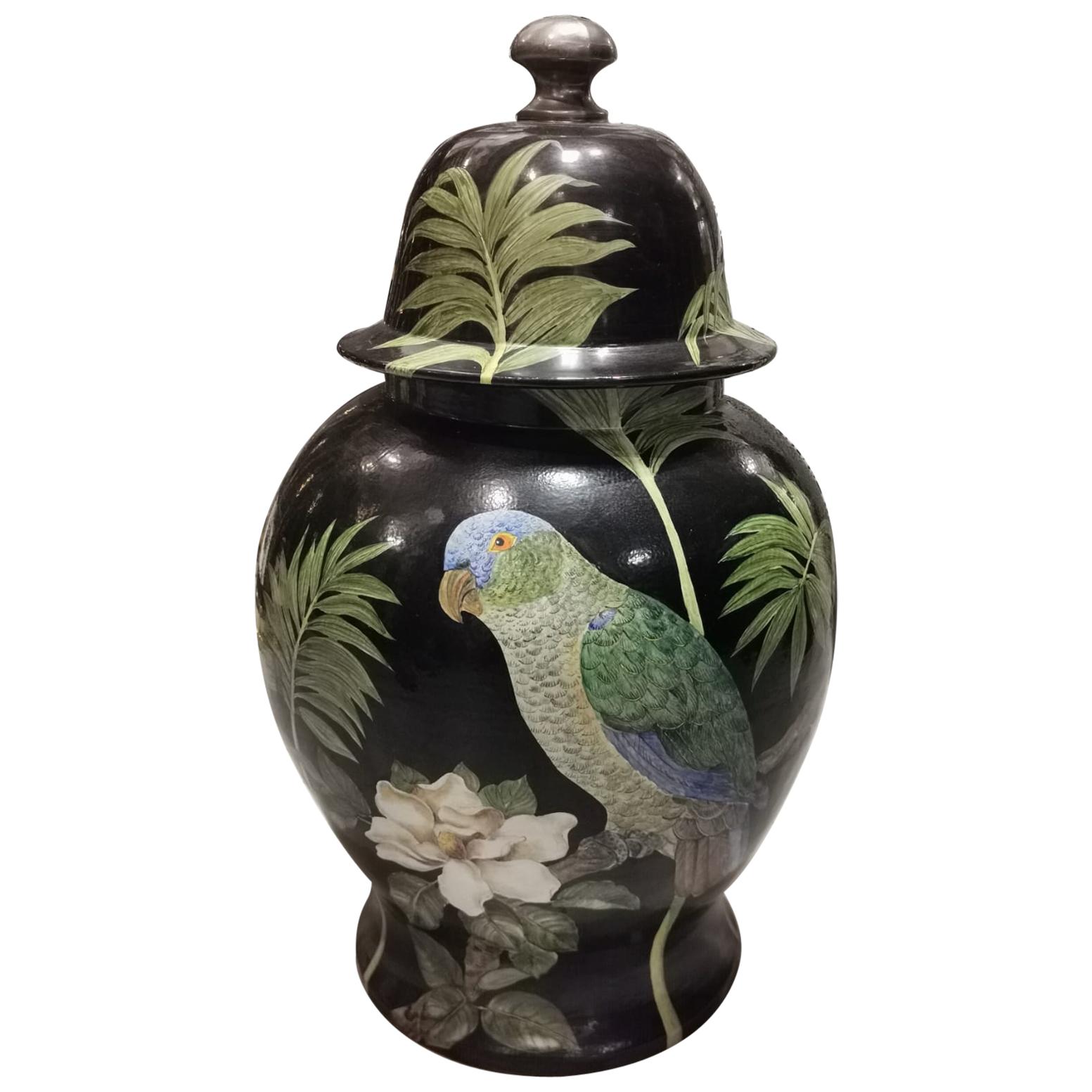 Italian Huge Craftmanship Ceramic Parrot Hand Painted Vase with Lid '1 of 2' For Sale