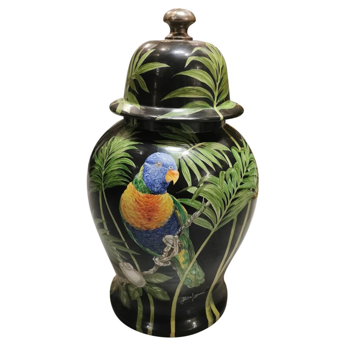 Italienische handbemalte Keramikvase mit Papagei mit Deckel, 2er-Set, handgefertigt