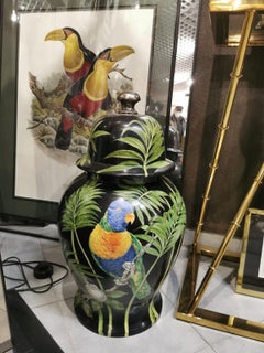 Italian Huge Craftmanship Ceramic Parrot Hand Painted Vase with Lid '2 of 2'