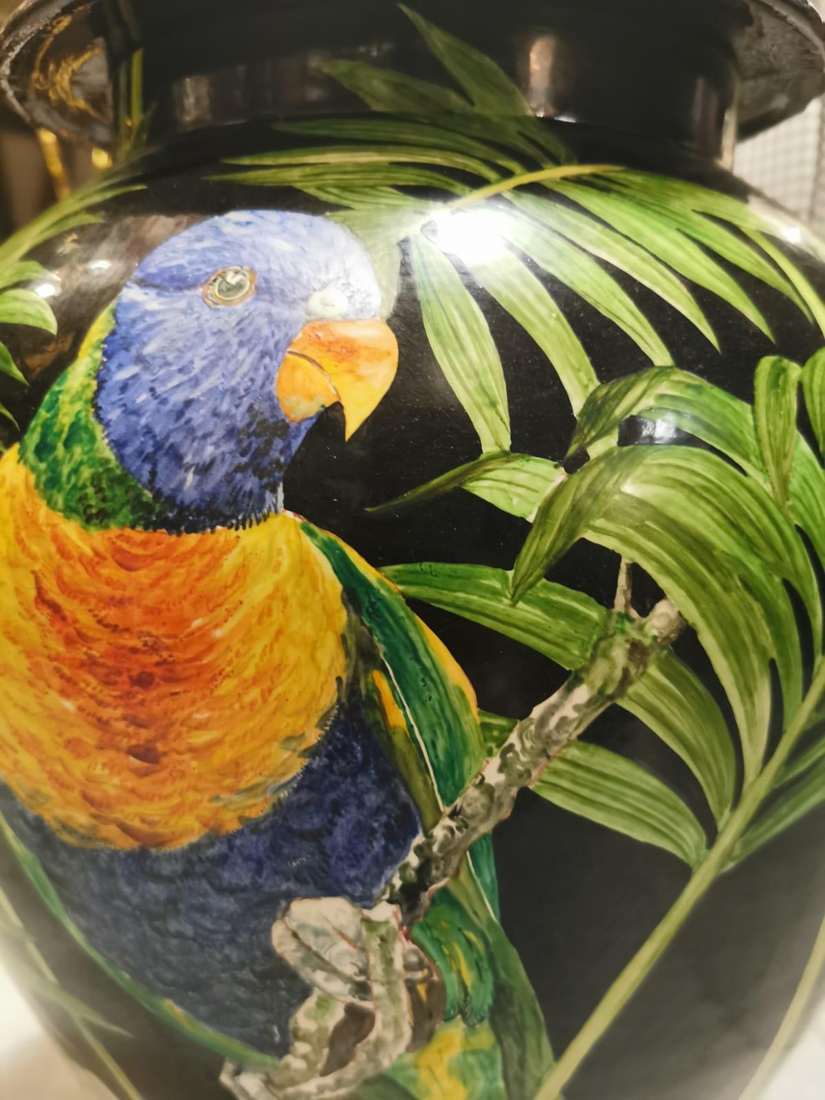 Italian Huge Craftmanship Ceramic Parrot Hand Painted Vase with Lid '2 of 2' For Sale 1