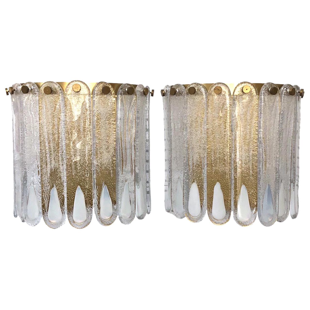 Italian Huge Midcentury White Murano Glass Pair of Wal Sconces by Mazzega, 1970s