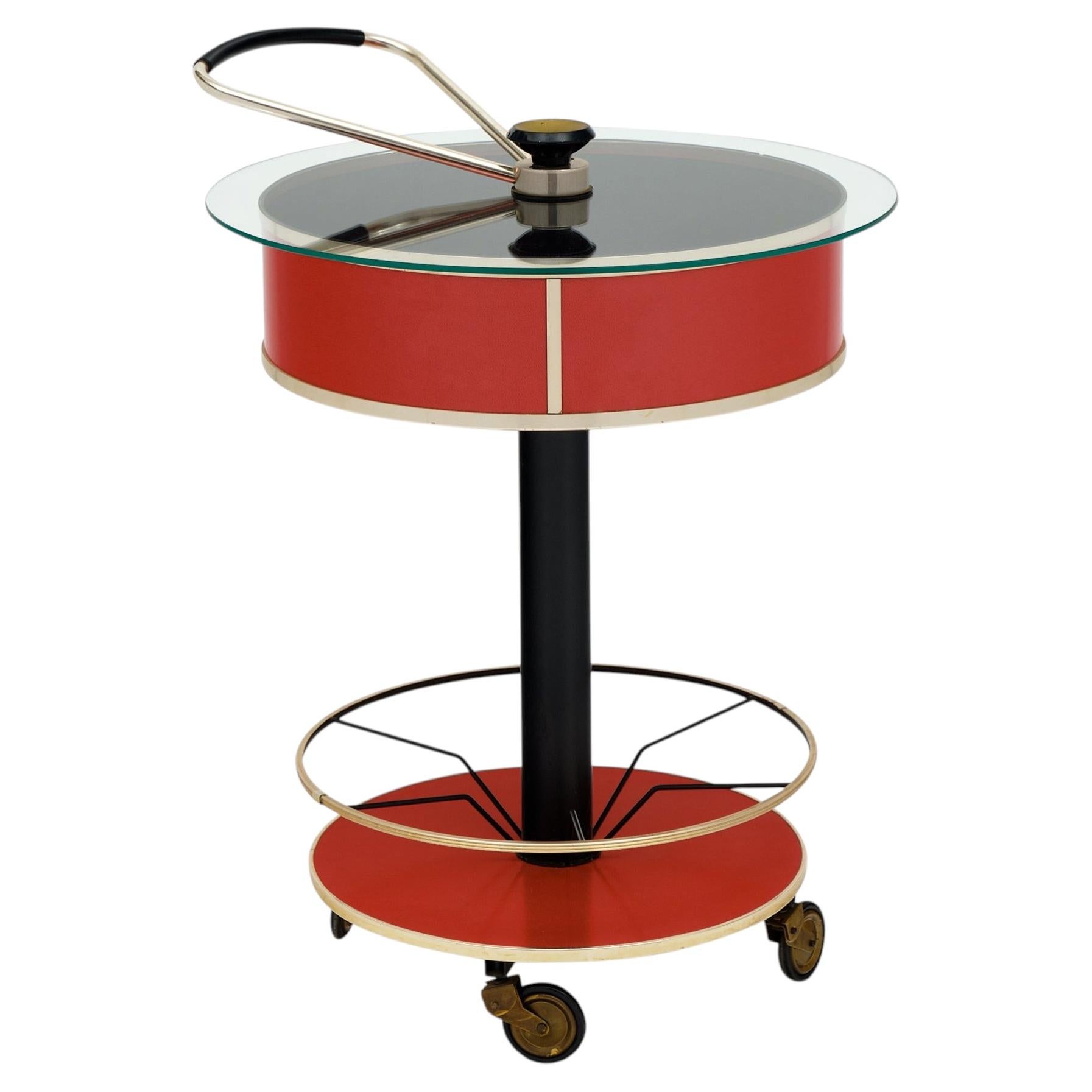 Italian Hydraulic Bar Cart, Lacquered Tole & Brass, Vintage 1970