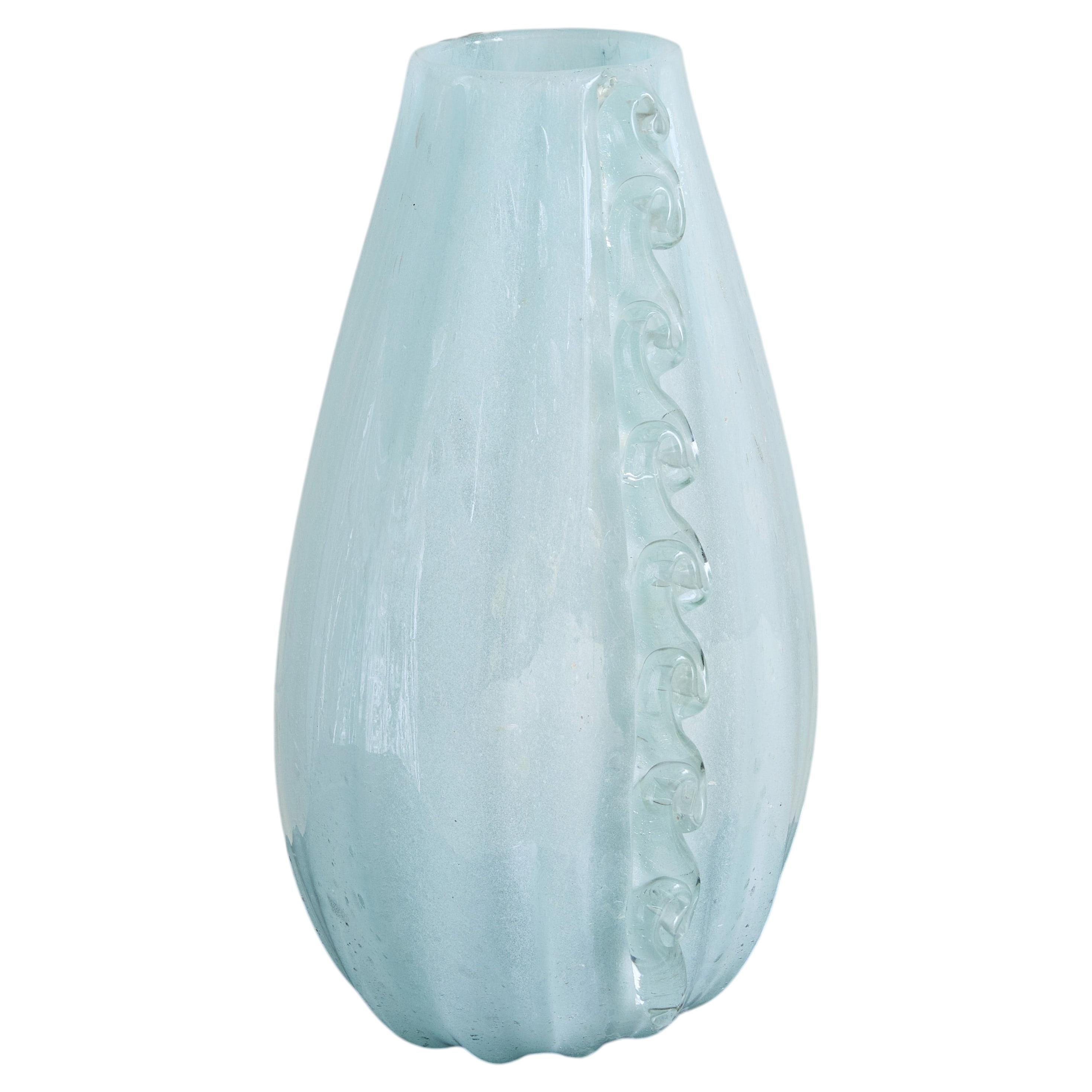 Italian Ice Blue Murano Glass Vase with Wave Appliqué, 1950s For Sale