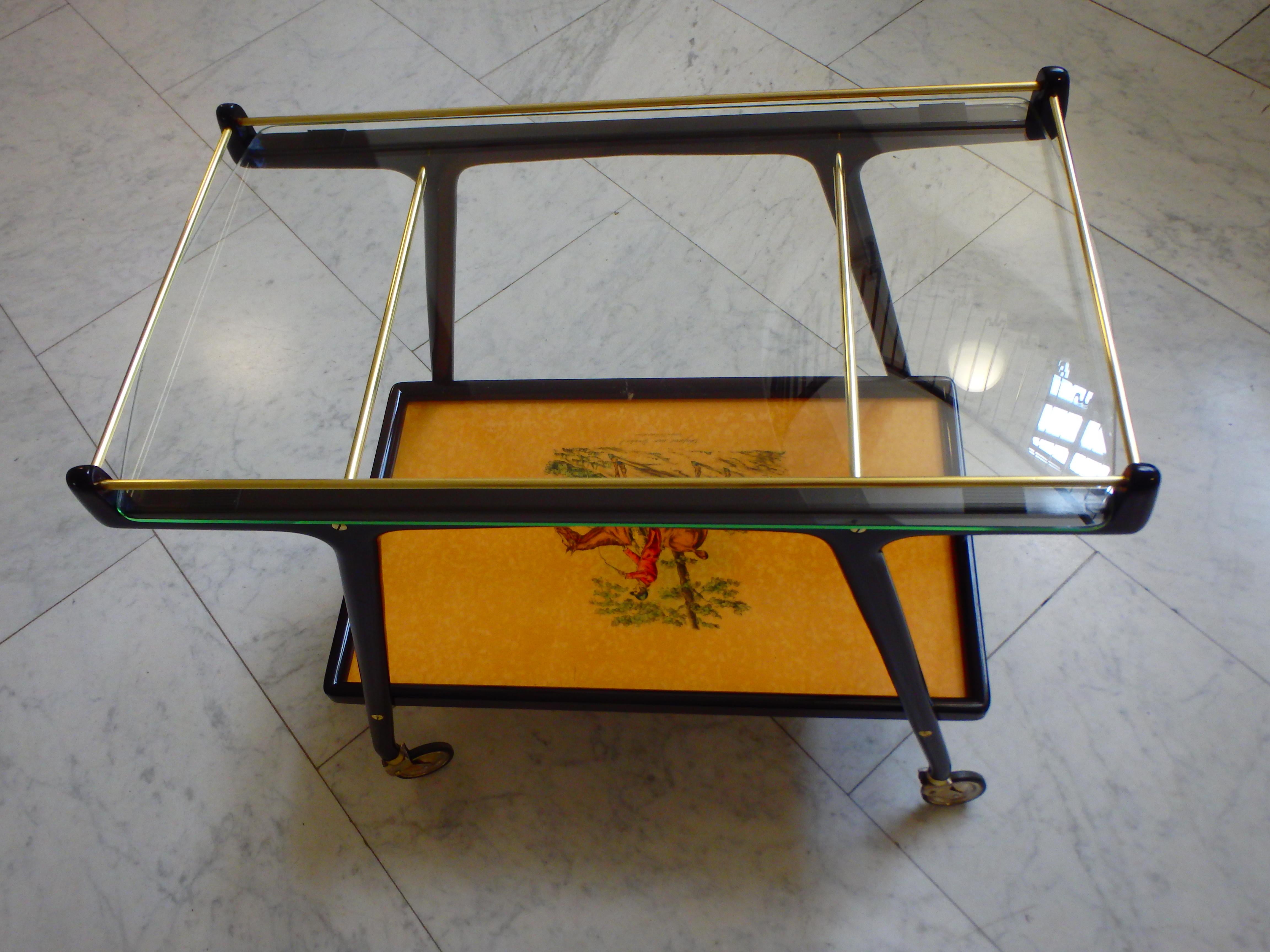 Italian Ico Parisi Bar Cart with Glass Top and Chase Scene For Sale 9