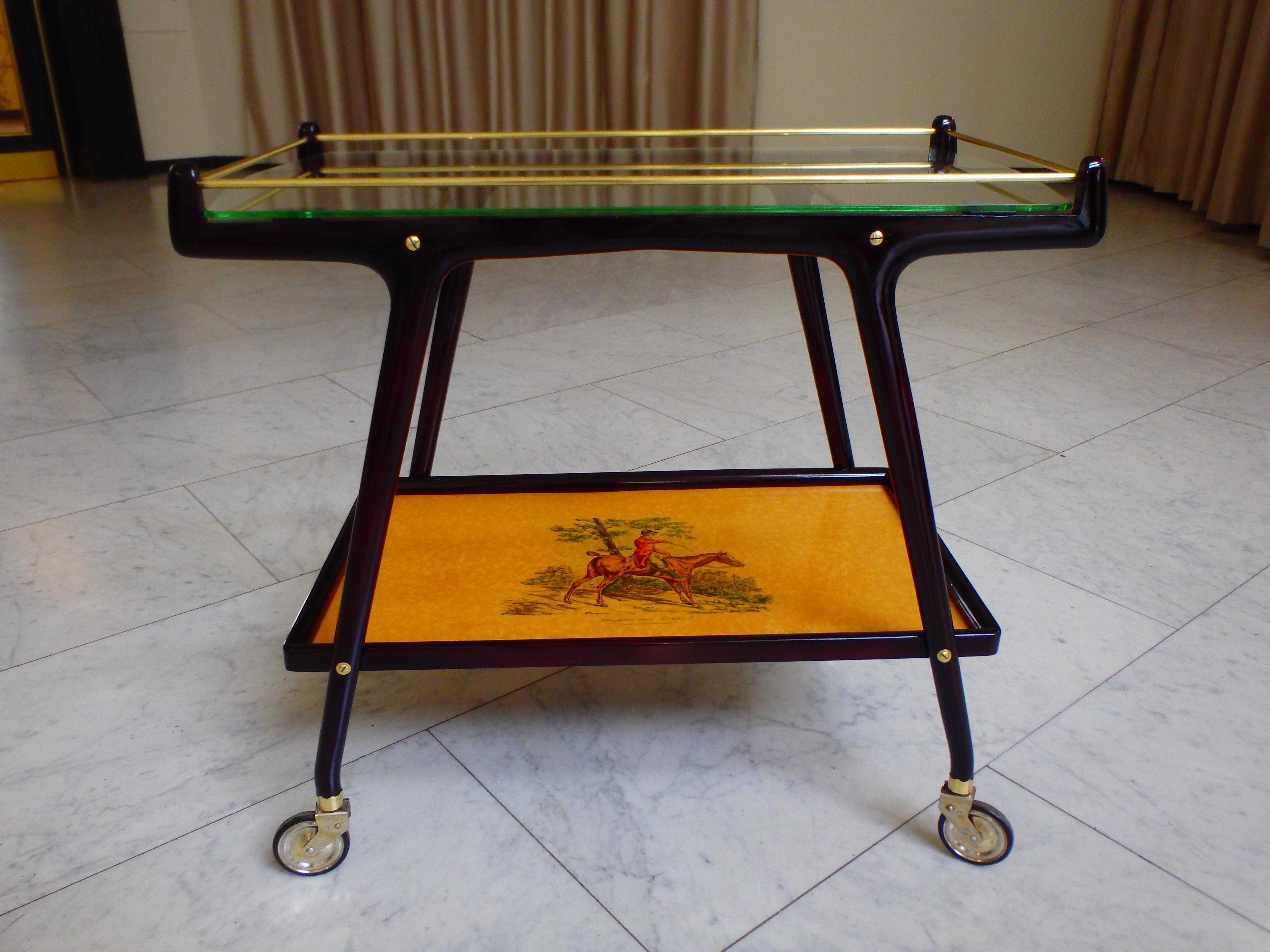 Mid-Century Modern Italian Ico Parisi Bar Cart with Glass Top and Chase Scene For Sale
