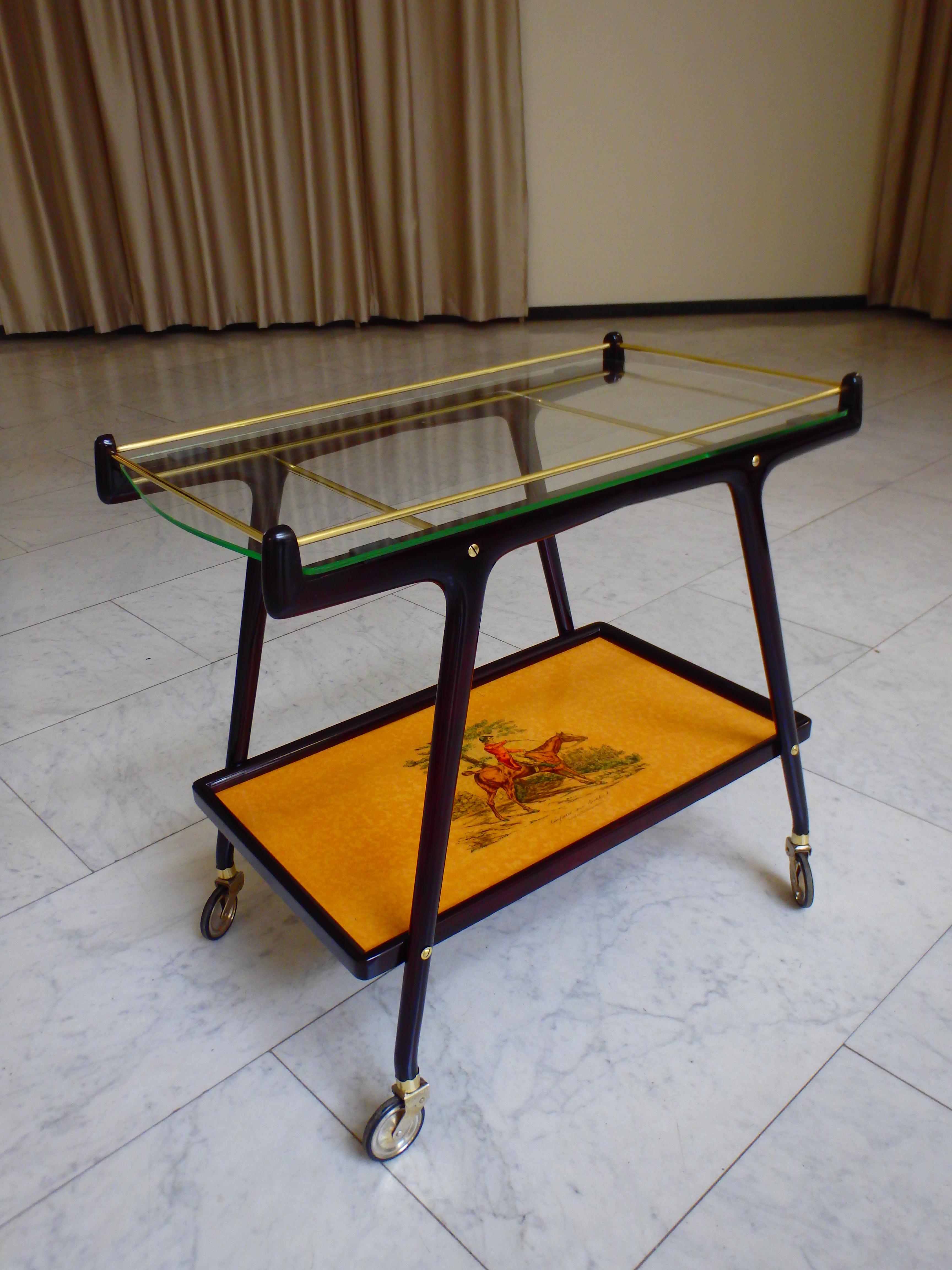 Italian Ico Parisi Bar Cart with Glass Top and Chase Scene In Good Condition For Sale In Weiningen, CH