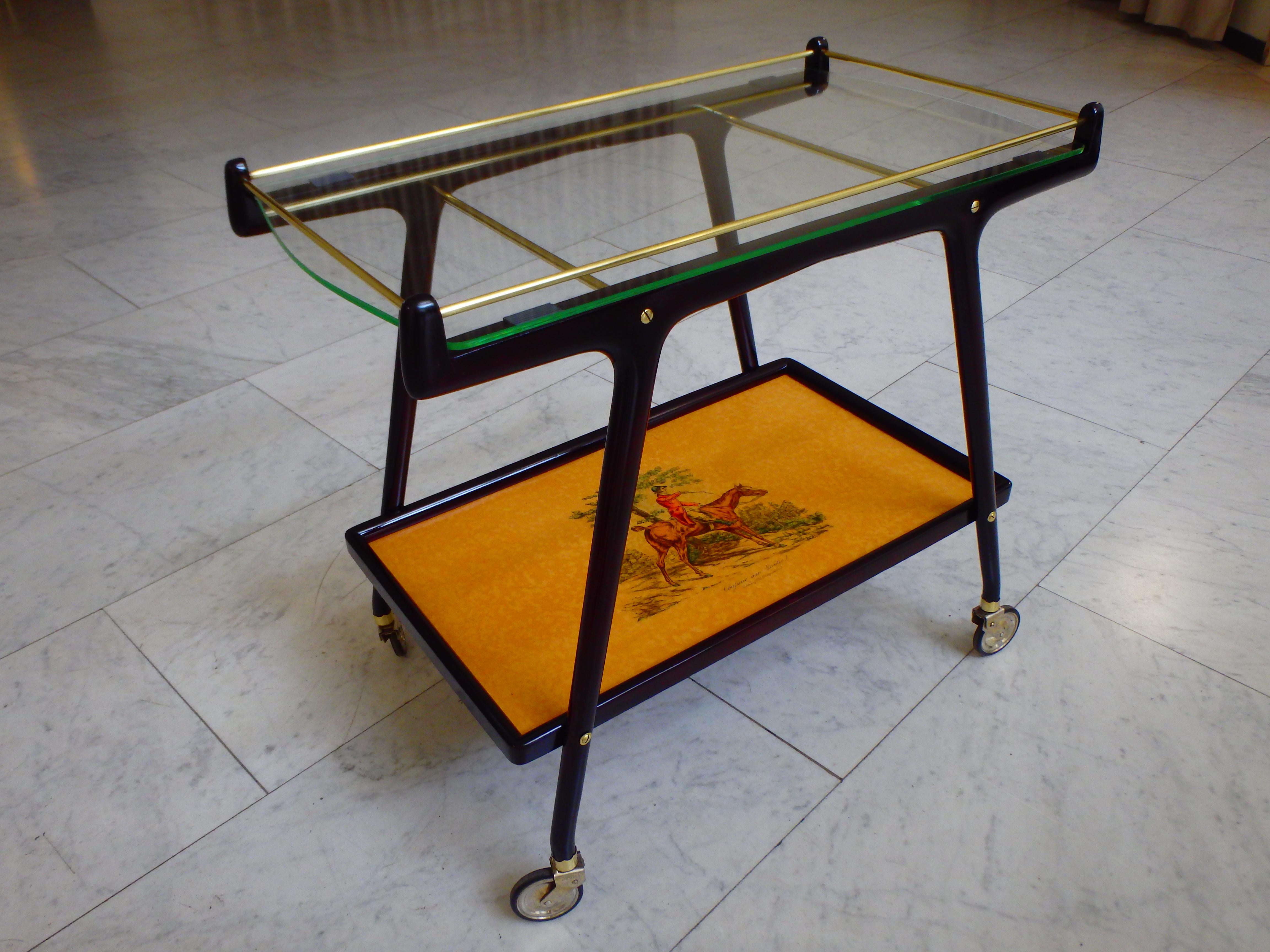 Mid-20th Century Italian Ico Parisi Bar Cart with Glass Top and Chase Scene For Sale
