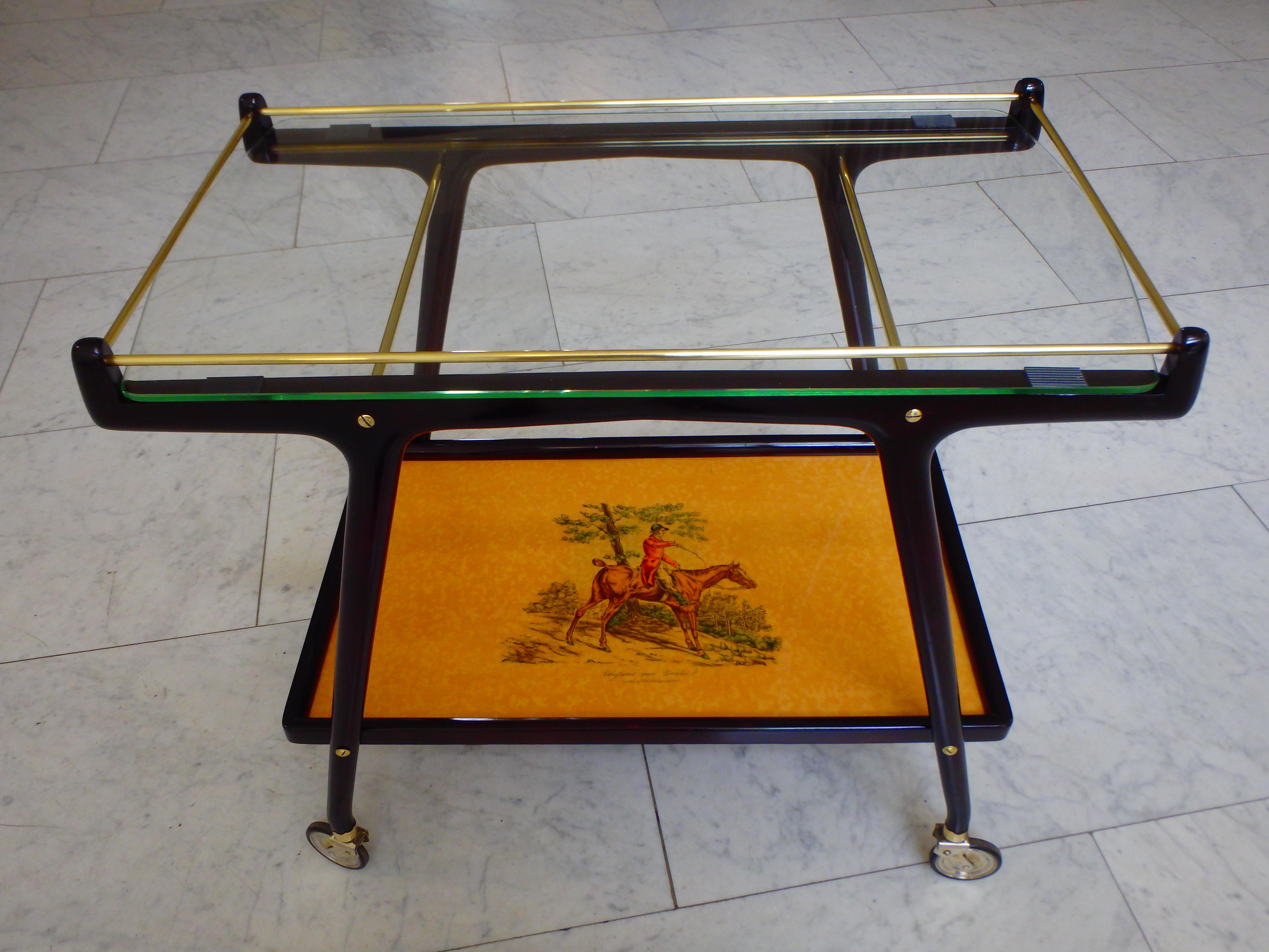 Italian Ico Parisi Bar Cart with Glass Top and Chase Scene For Sale 1