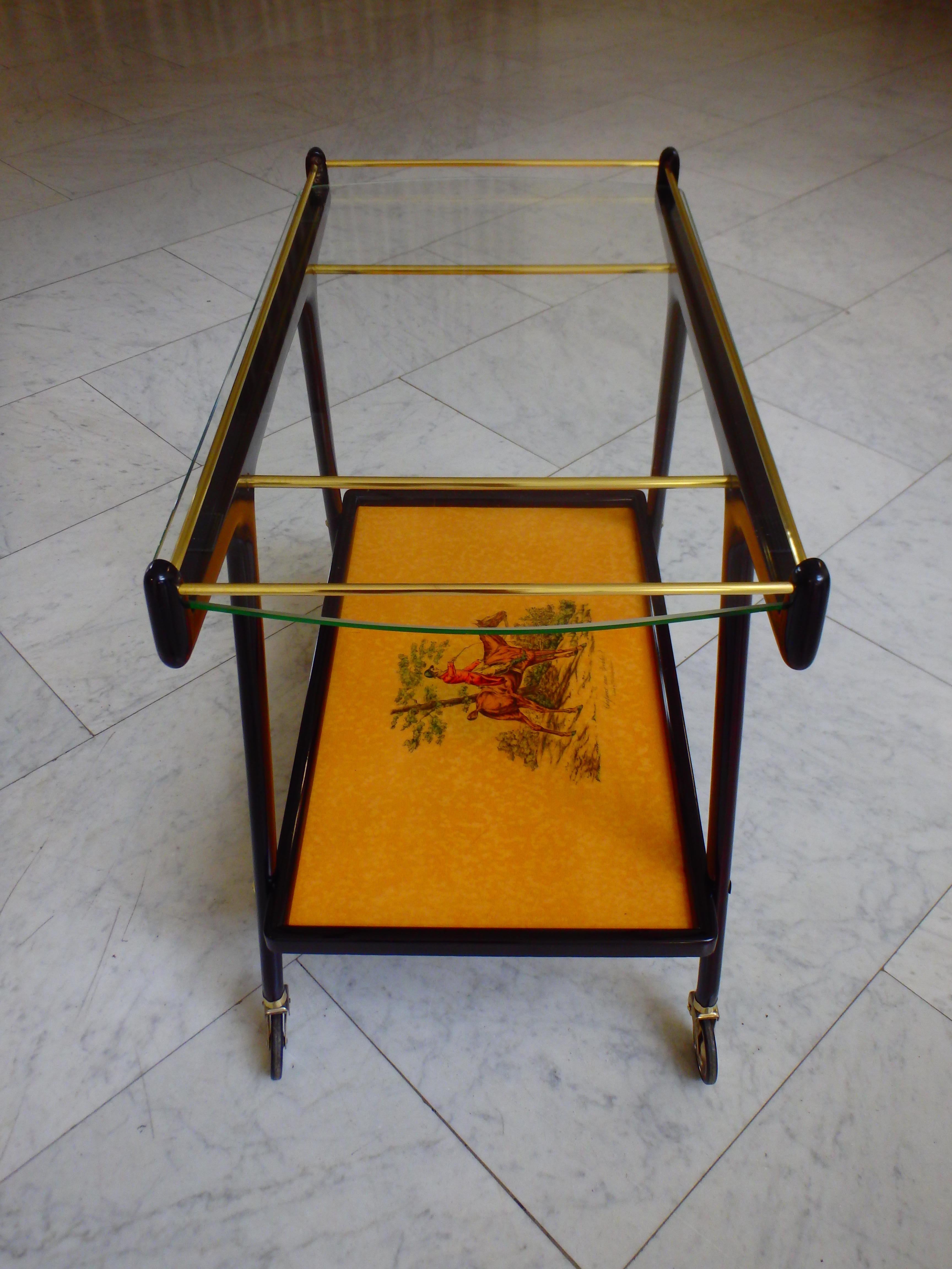 Italian Ico Parisi Bar Cart with Glass Top and Chase Scene For Sale 2