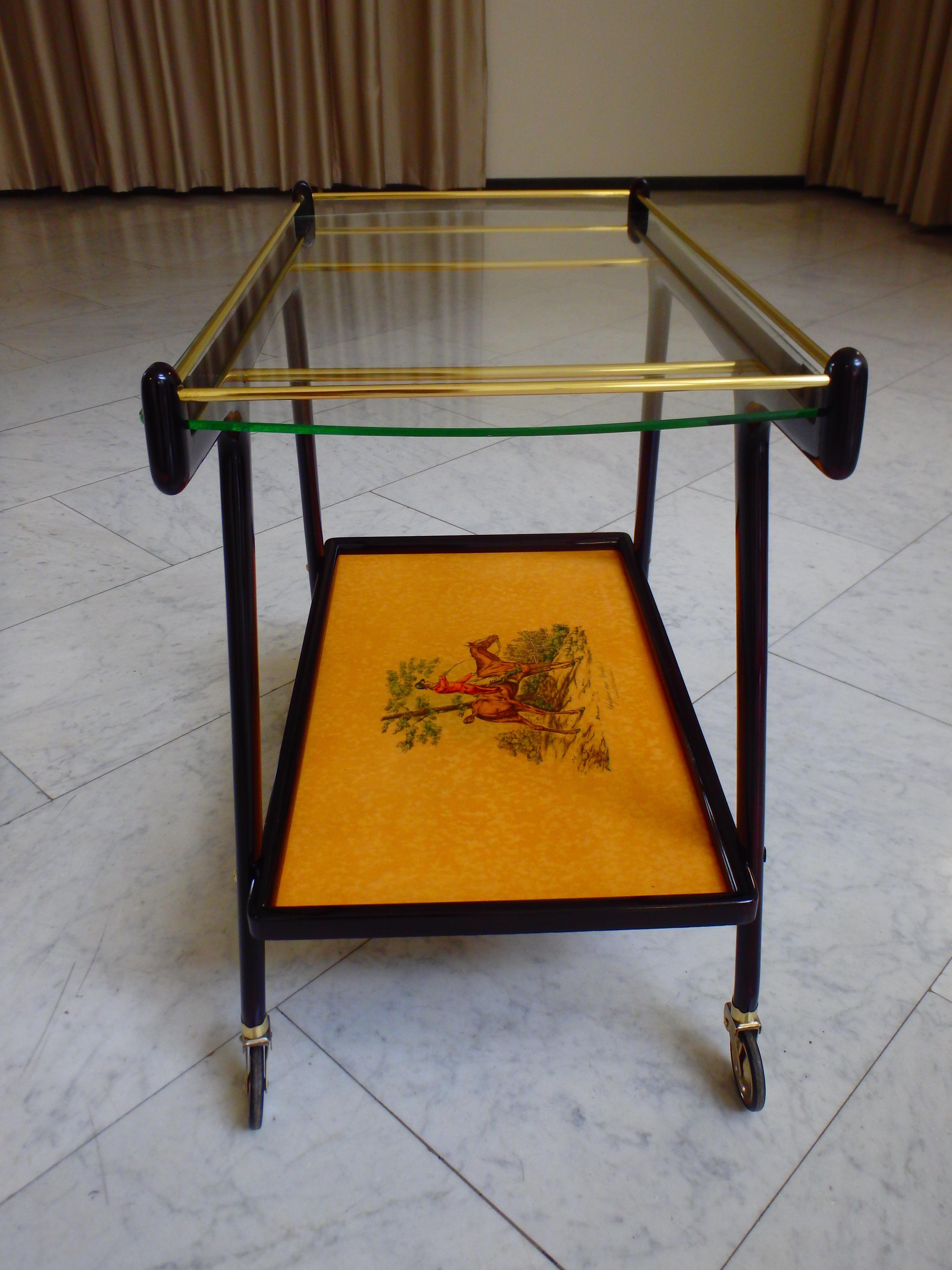 Italian Ico Parisi Bar Cart with Glass Top and Chase Scene For Sale 3