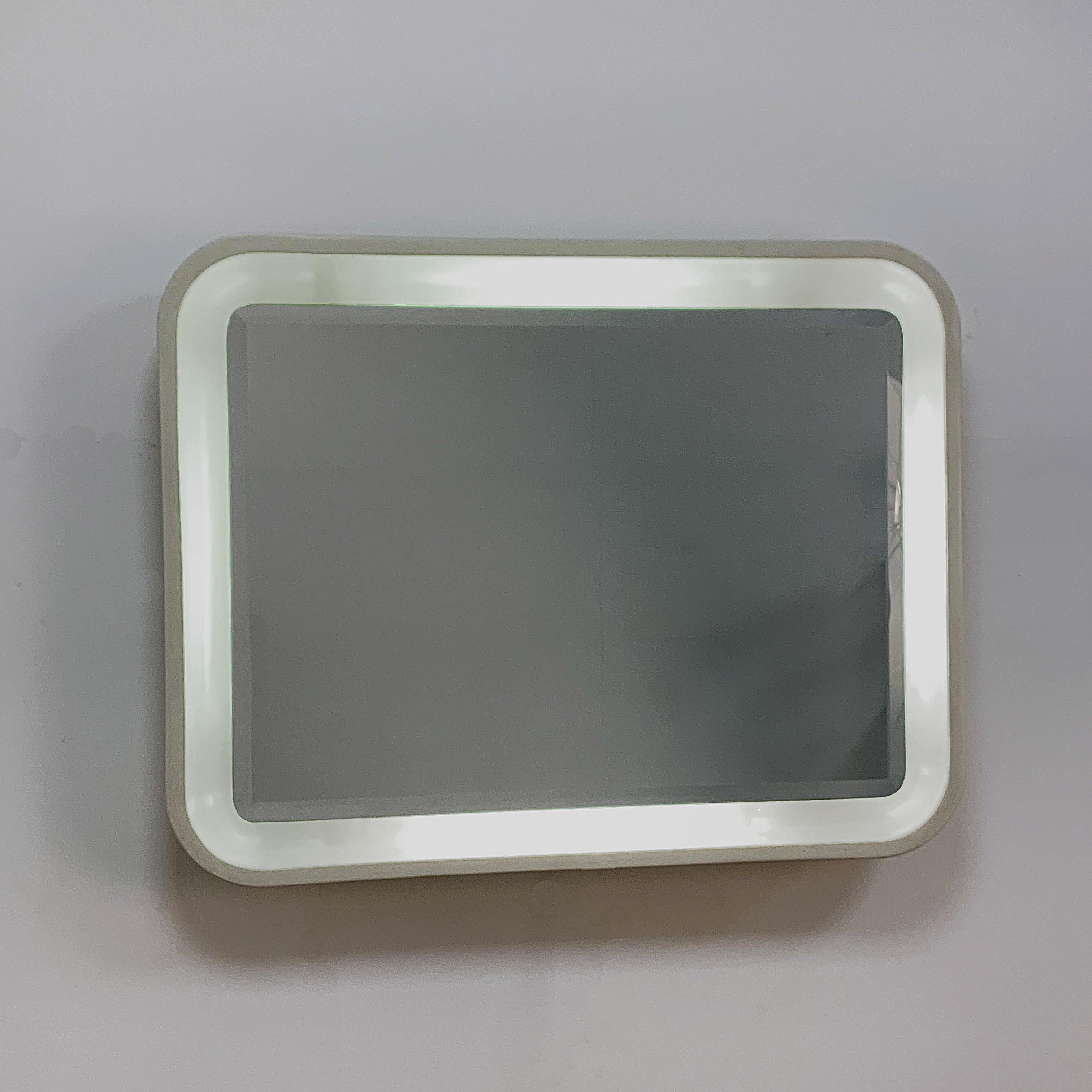 Lacquered Italian Illuminated Backlit Rectangular Mirror, White, Italy, 1970s Midcentury