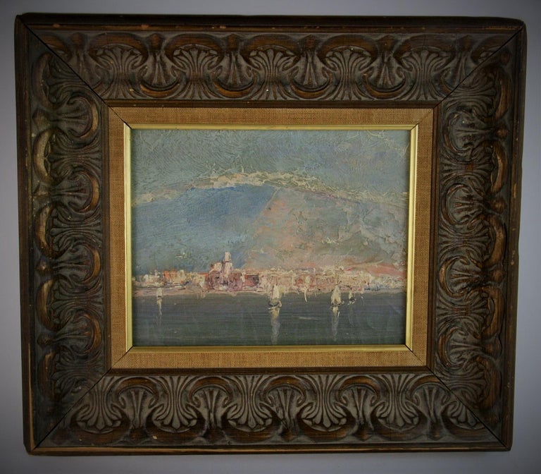 3766 Italian coastal landscape set in a hand carved wood frame
Image size: 9.5 x 7.5
Signed Sima.